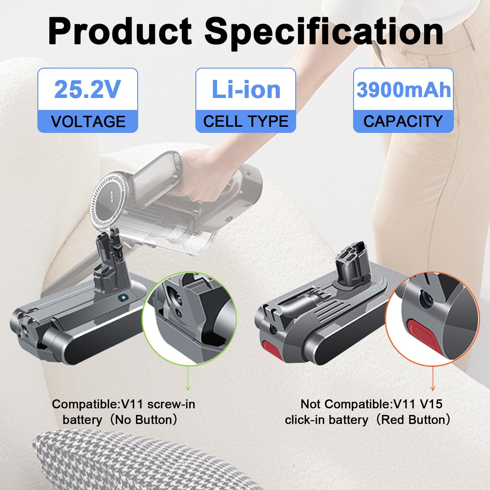 Batteria aggiornata MXJFYY 25,2 V 3900 mAh V11 SV14 compatibile con Dyson V11 (tipo a vite) SV14 Absolute Complete Fluffy Aspirapolvere senza fili con coperchio (non per lo stile a pulsante)