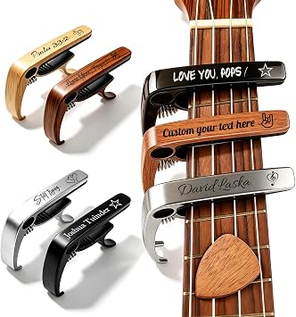 Personalized Guitar Capo with Custom Engraving Text on Metal and Wood | Customized Clip for Acoustic and Electric Guitars, Players Gift for Guitarists, Musicians Bands