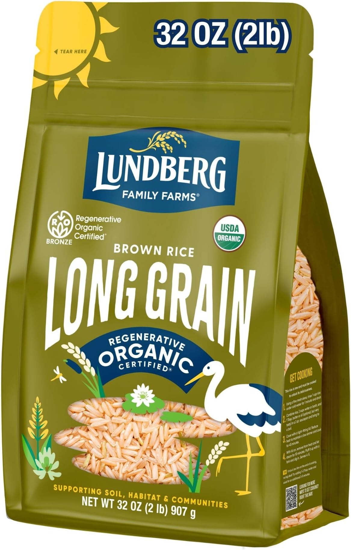 Regenerative Organic Brown Rice Long Grain, Kosher, USDA Certified Organic, Gluten Free & Non-GMO, 32 Ounce (Pack of 1)