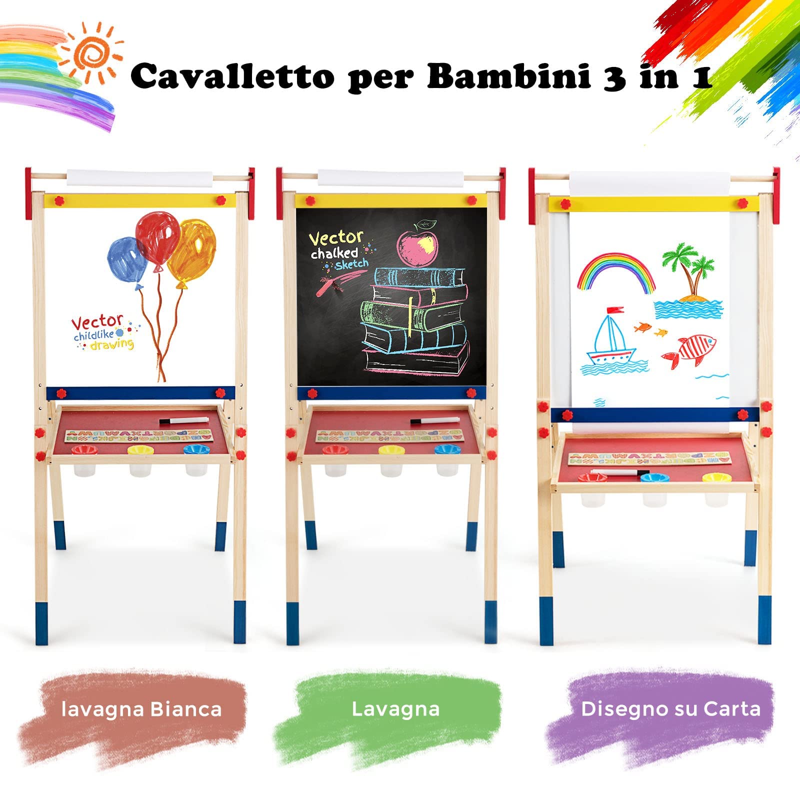 RELAX4LIFE Cavalletto in Legno per Bambini Regolabile in Altezza a 3 Livelli, con Doppia Pittura Laterale, Lavagna per Dipingere, Lavagna in Legno, 60x55x112,5-124,5 cm, Naturale