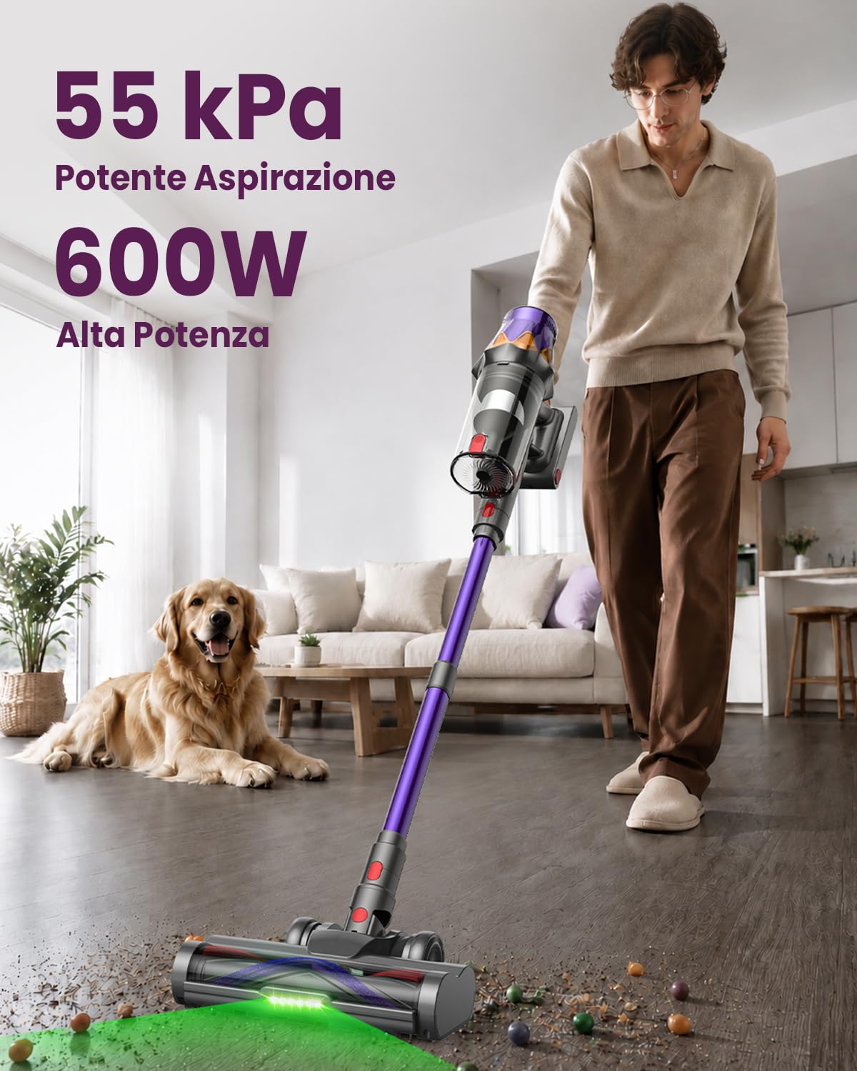 V19 MAX 3in1 Aspirapolvere Senza Fili con Tubo Pieghevole, 55kPa/600W/70Min