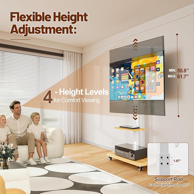 Soporte para TV rodante con estante, ajustable en altura, blanco, 32-80 pulgadas miniatura 6