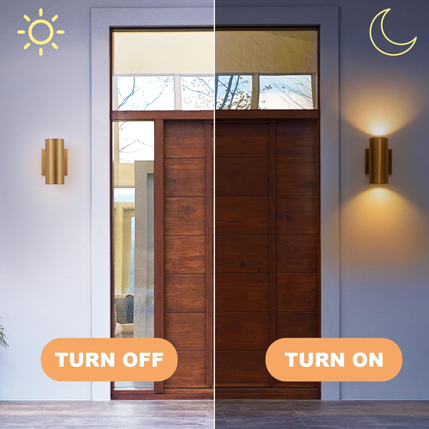 Comparison image showing the Zicbol wall light turned off during the day and turned on at night, illuminating a doorway.