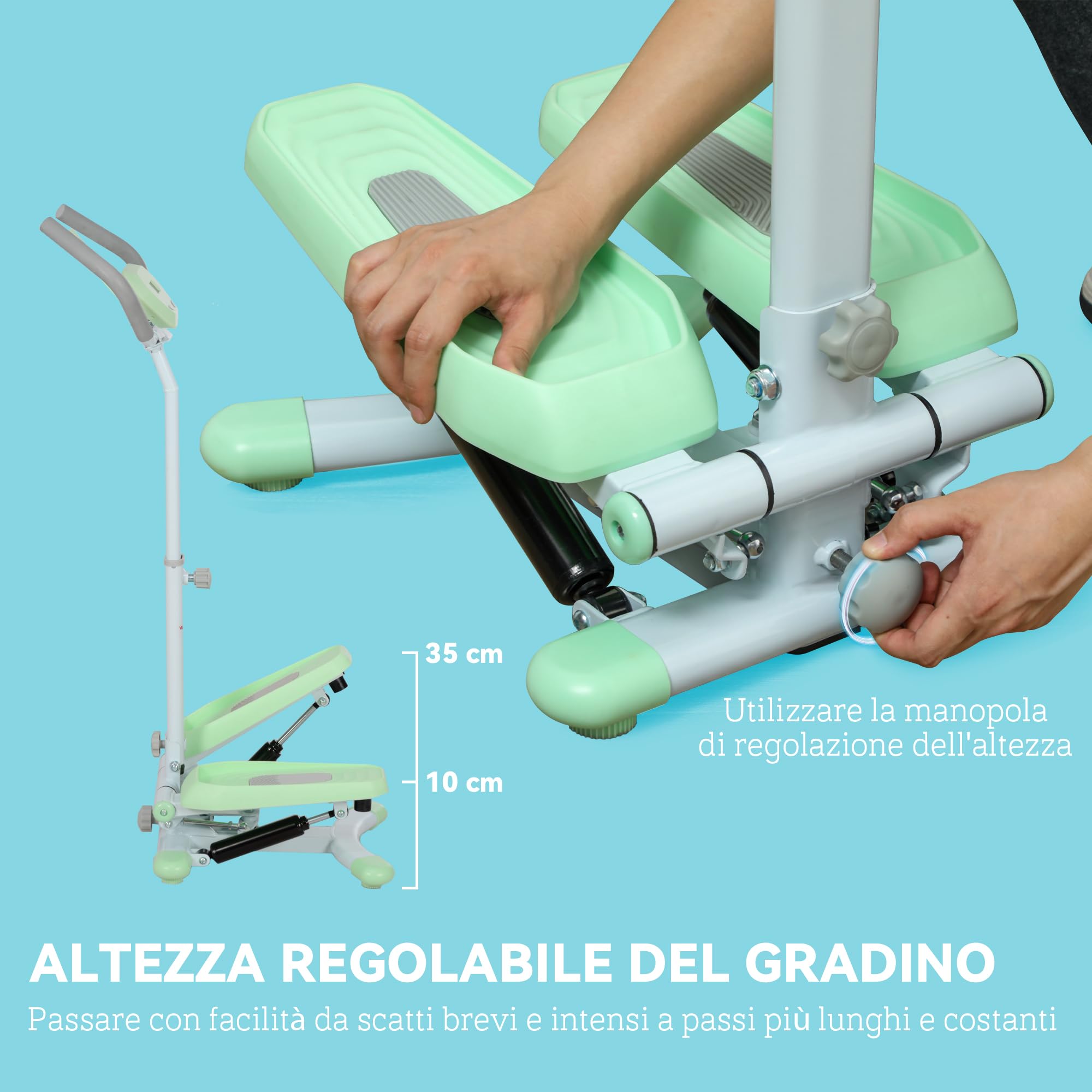 SPORTNOW Stepper con Manubrio Regolabile su 3 Livelli, Gradino Regolabile, Monitor LCD e Piedini Antiscivoli e Regolabili, Stepper Fitness Casa in Acciaio e ABS, 48x38x108-118 cm, Bianco e Verde