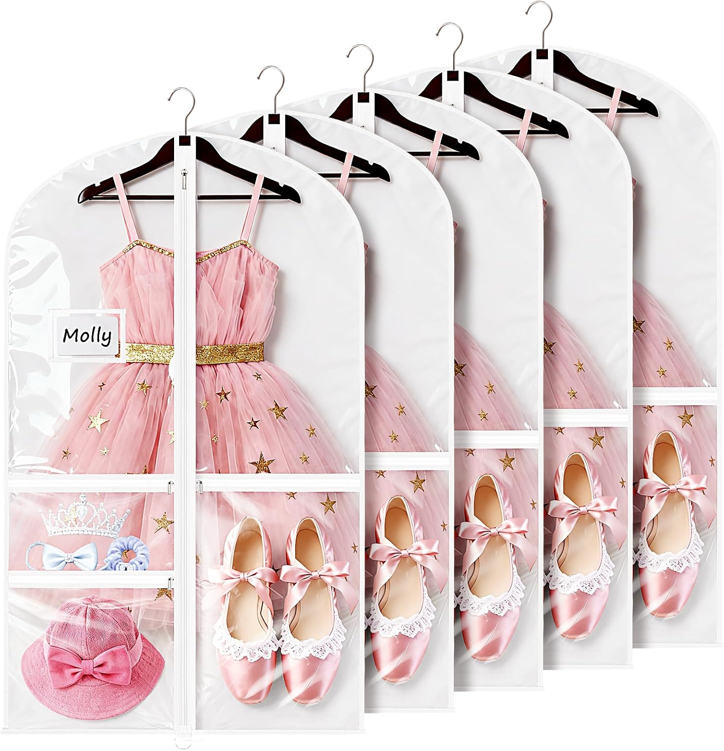 Univivi Dance Costume Garment Bags for Kids, 40 Inch Foldable Garment Bags for Dance Costumes with Clear PVC Window and 3 Zipper Pockets for Dance Competition, White (5 Pack)