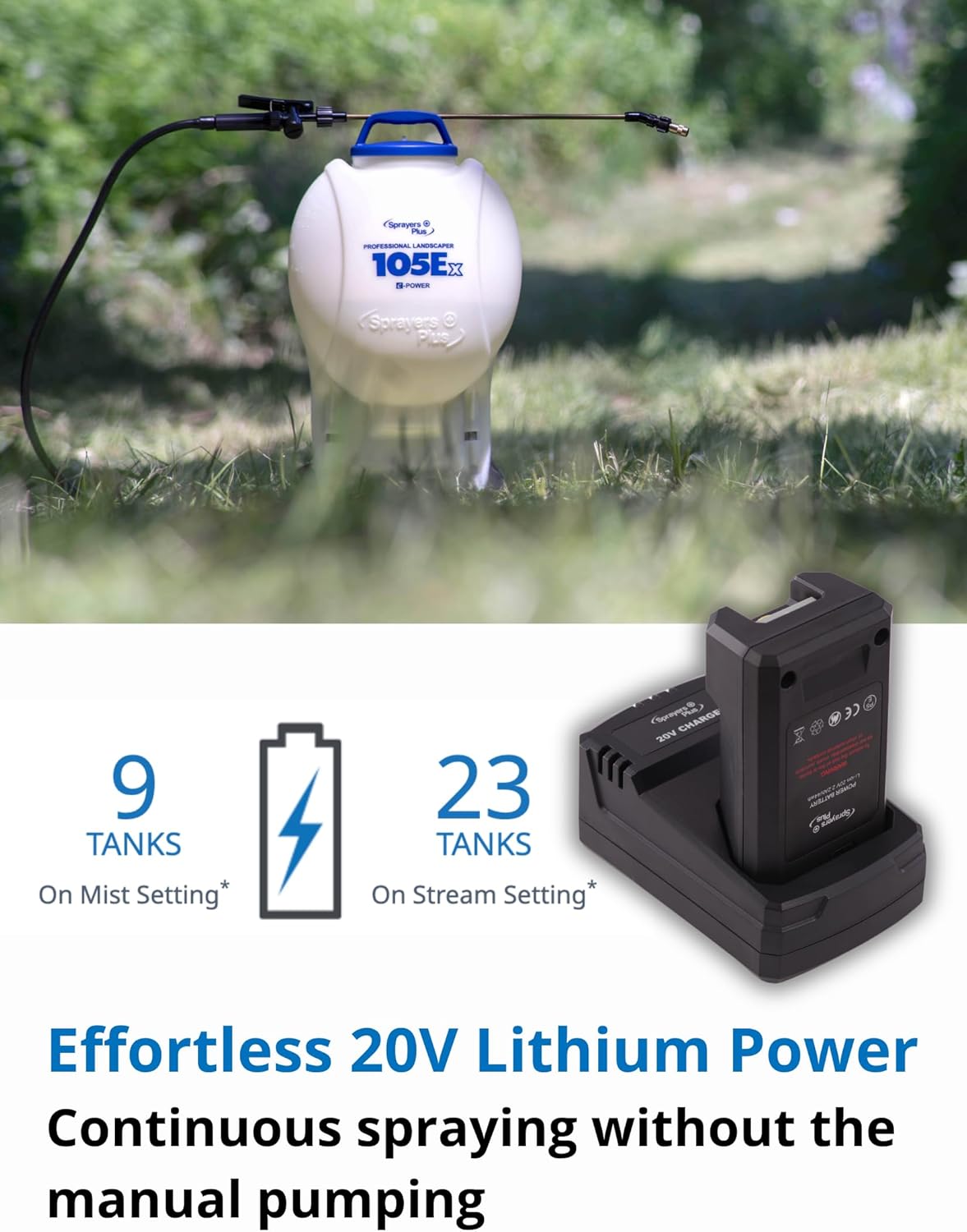 Sprayers Plus 105ex Backpack Sprayer 4 Gallon Battery Powered, 20V Lithium Battery, Chemcial Resistant Viton Seals Brass Wand, Adjustable Nozzles for Lawn Care Gardening Weed Control