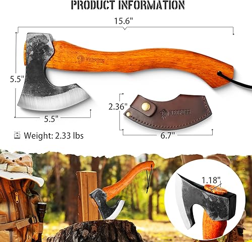 Miniatura 3 de NEDFOSS Mammoth - Hacha de hacha de camping de 16 pulgadas con acero de alto carbono 1065 y mango de madera, hacha multiusos para camping, bushcraft