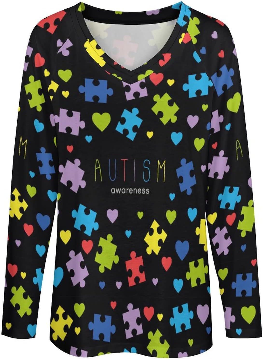 Autism Awareness Women's Long Sleeve Shirts V Neck T-Shirt Casual Loose Tops for Women