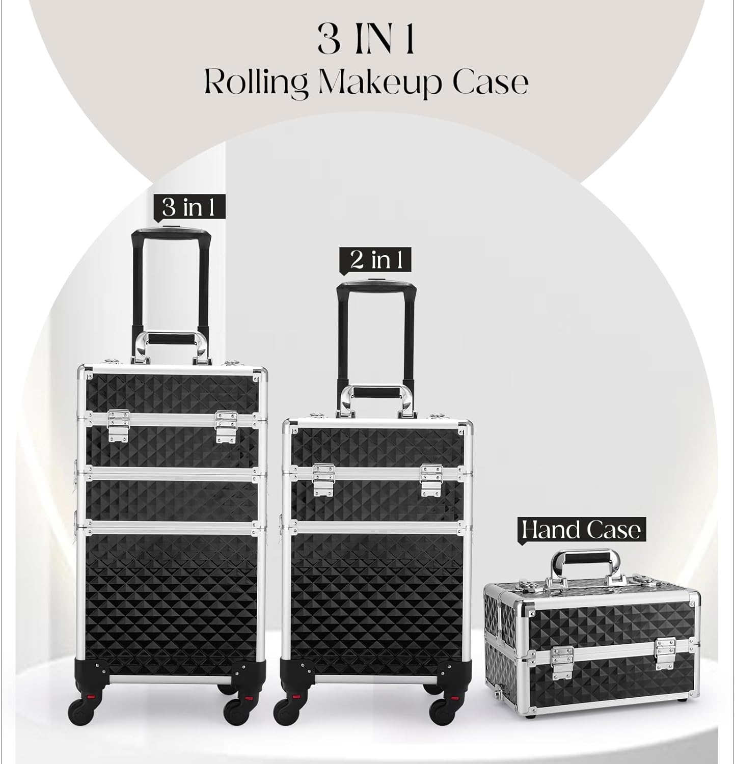Cosmetology Case on Wheels 3 in 1 Rolling Makeup Train Case Nail Tech Makeup Organizers Storage Cart Cosmetic Trolley Travel Barber Suitcase for Make up Artist Manicure Hair Lockable, Black