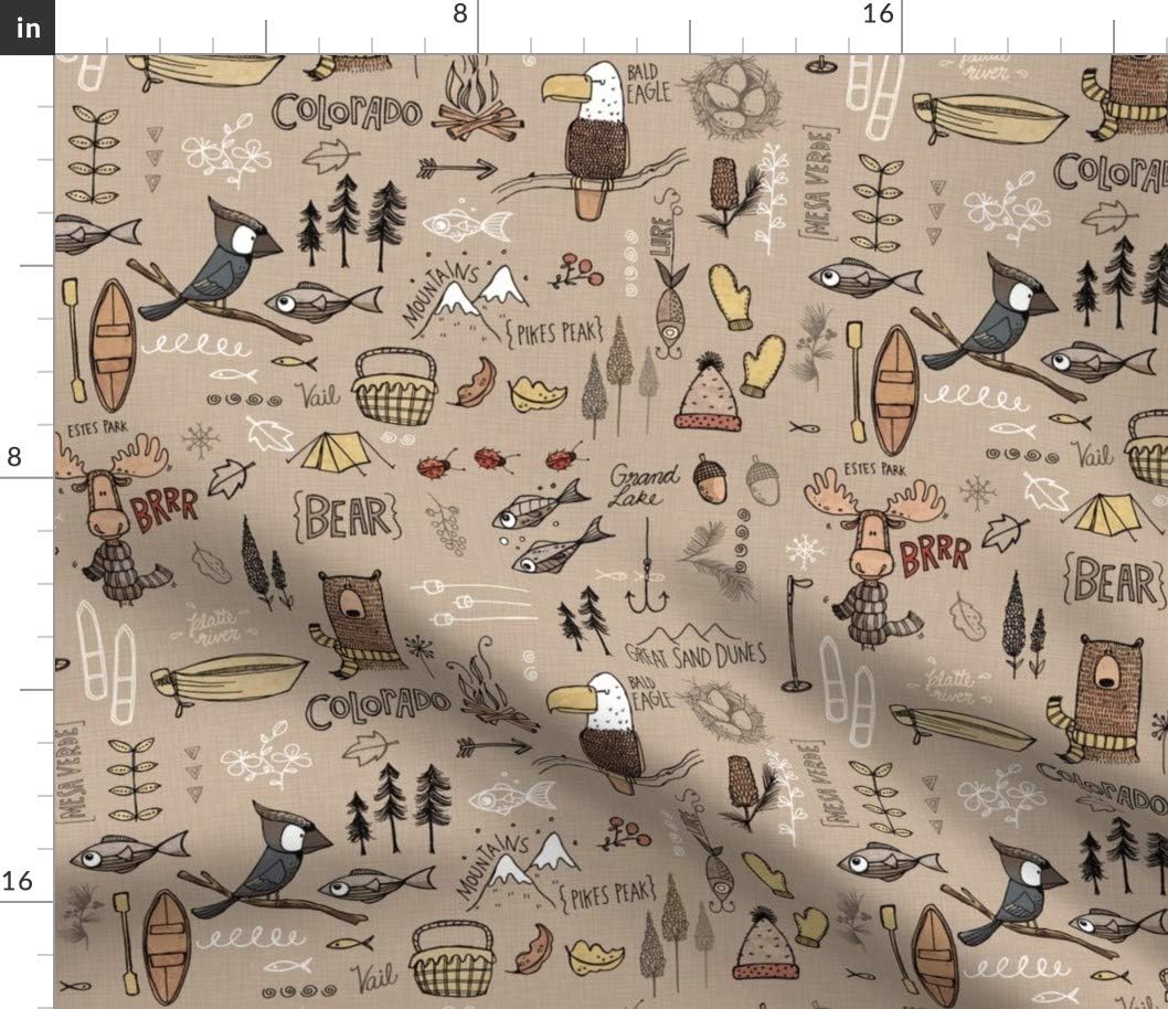 Spoonflower Fabric - Colorado Brown Bear Nature Fish Bird Mountains Printed on Petal Signature Cotton Fabric by The Yard - Sewing Quilting Apparel Crafts Decor