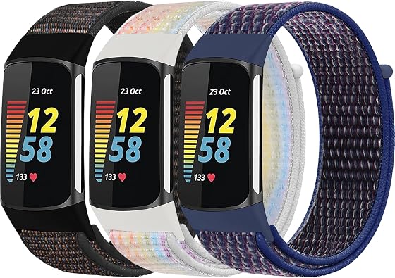 3 Pack Nylon Watch Band Compatible with Fitbit Charge 6 / Fitbit Charge 5 Band,Adjustable Braided Straps Band Soft Breathable Stretchy Loop Strap for Charge 6 / Charge 5