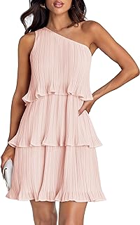 Women's 2025 Summer Sleeveless Mini Dress Boho One Shoulder Ruffle Tiered Layered Chiffon Flowy A Line Dresses - Buy now