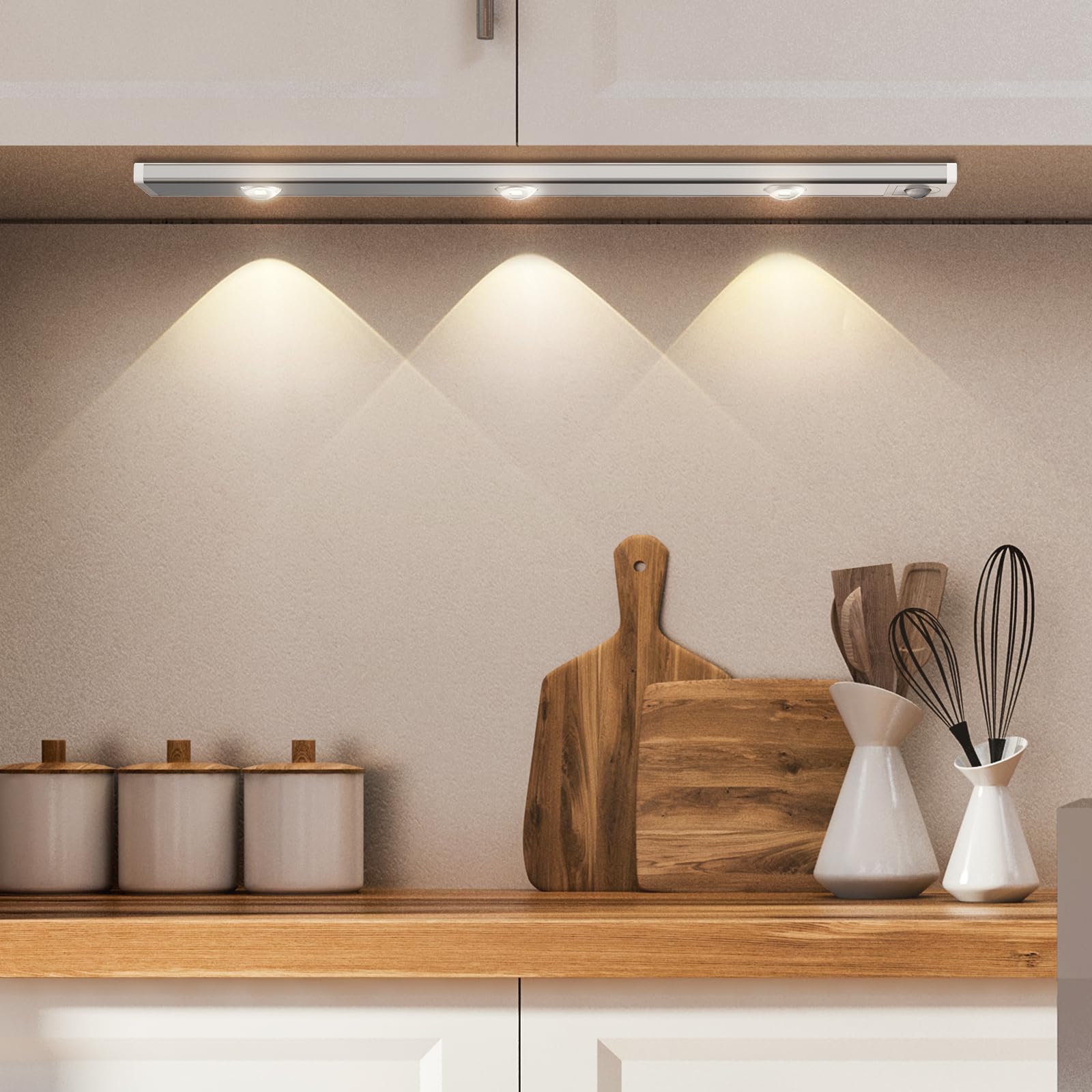 Silver Ultra-Thin 40cm Motion Sensor Cabinet Light, Rechargeable, Magnetic, Eye-Caring