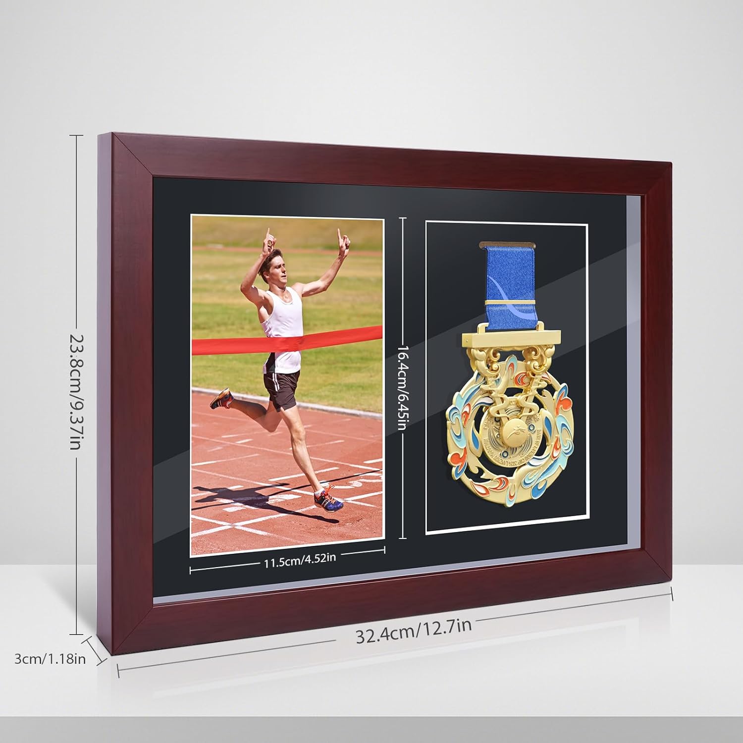 Medal & 5x7 Photo Dual Display Shadow Box - Solid Wood Frame with Glass Panel, Compact Case for Marathon Medals Military Awards Challenge Coins & Memories