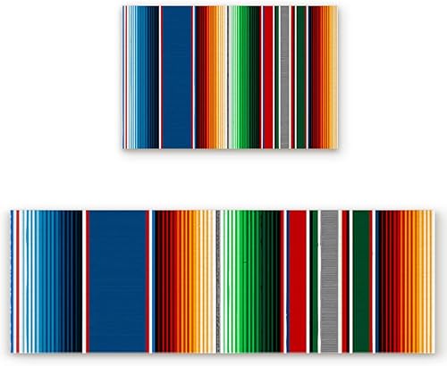 Kitchen Rug Mats Set of 2 Piece Mexican Serape Colorful Stripes Non Slip Cushioned Rug Salsa Stripes Vertical Lines Anti-Fatigue Washable Comfort