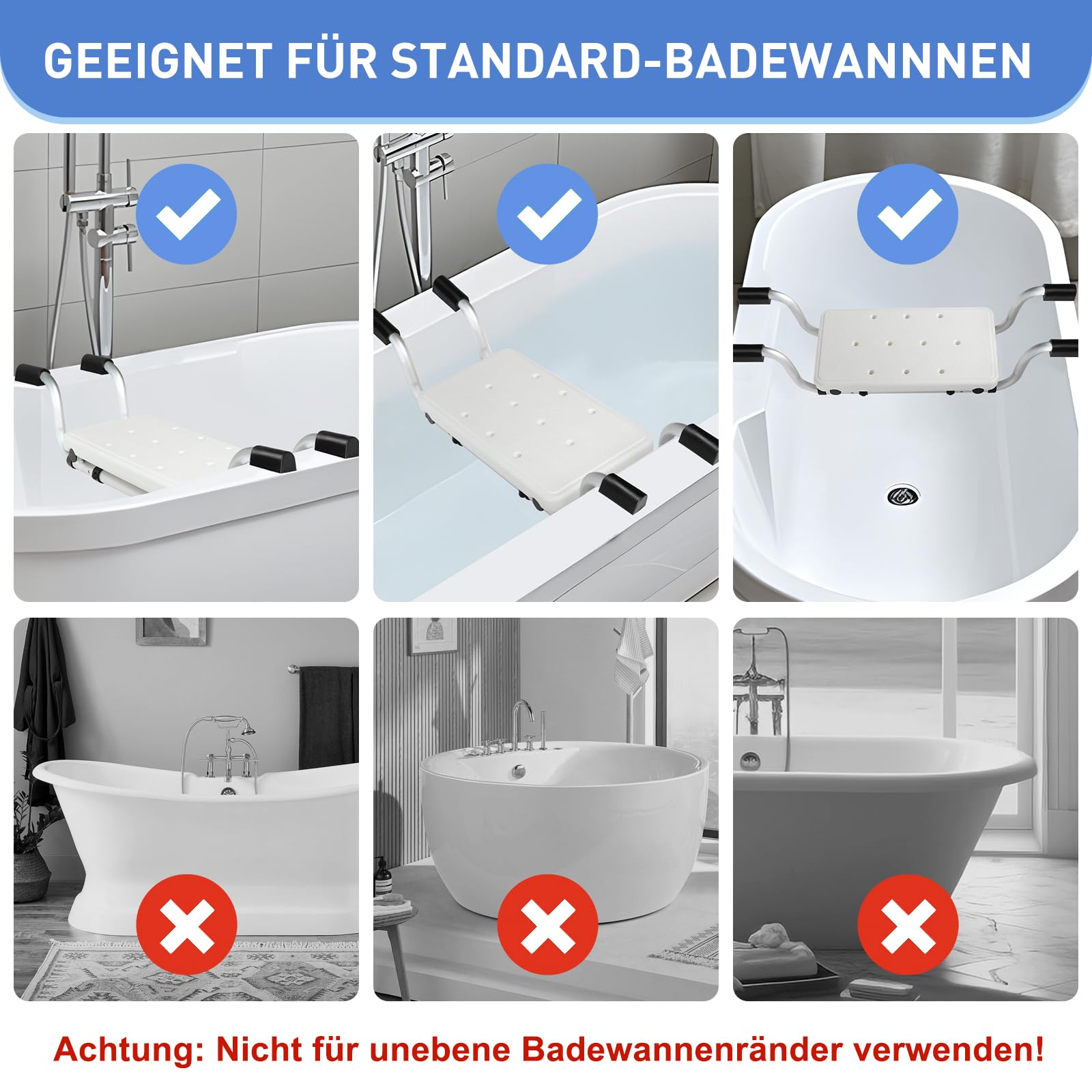 Badewannensitz Senioren Grau mit rutschfesten Auflagen & verstärktem Aluminiumrohr – Stabiles Badewannenbrett bis 120 kg, Verstellbar 71–81 cm