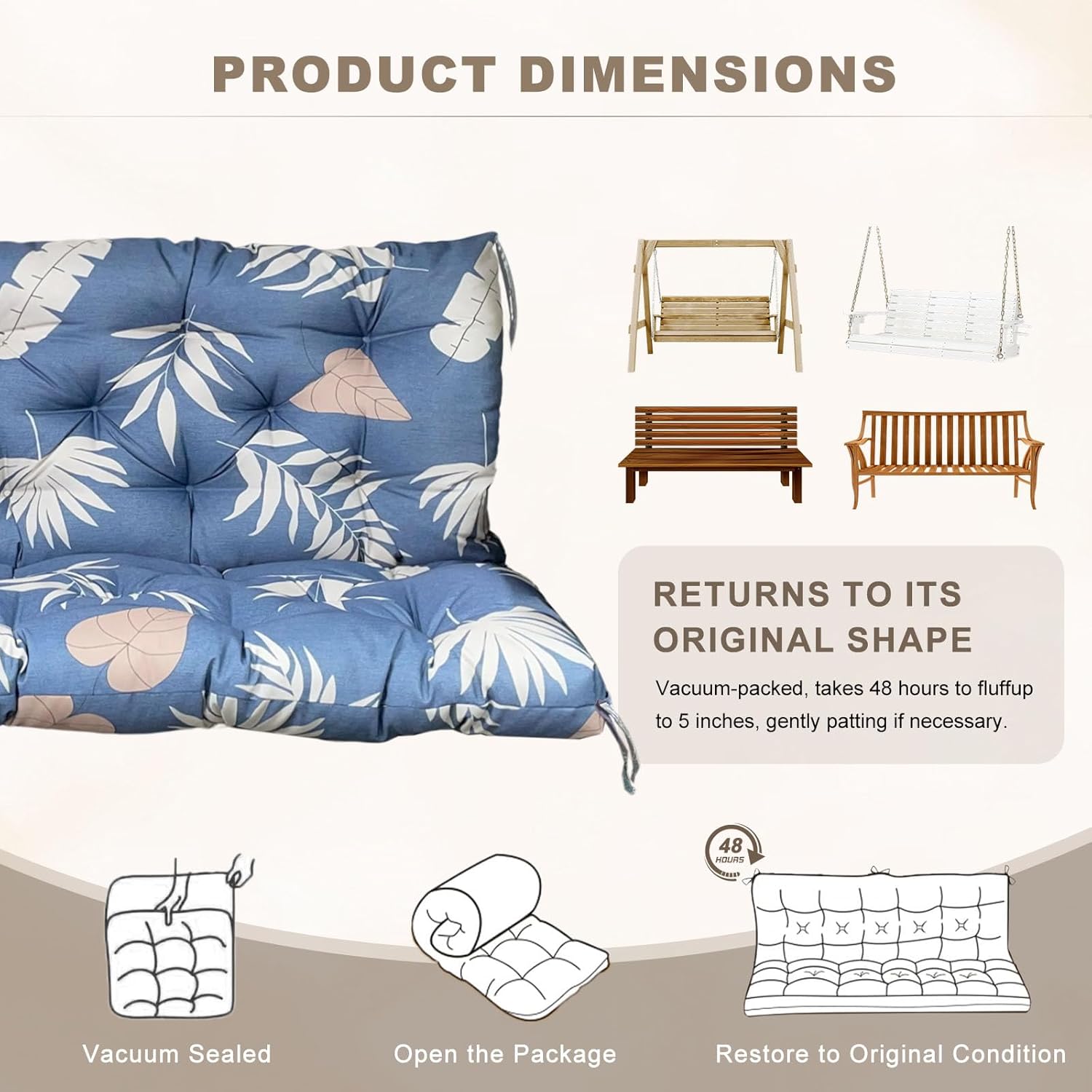 Porch Swing Cushion with Backrest,Waterproof Bench Cushion for Outdoor Furniture,2-3 Seater Replacement Thickened Swing Cushion with Ties,Patio,Outdoor,Backyard and Garden (Tropical Leaf,47x40")