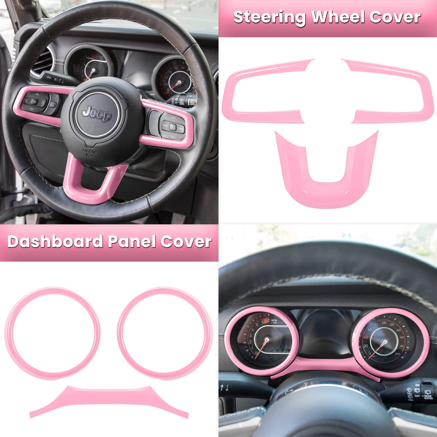 23PCS Full Set Interior Decoration Trim Kit for Jeep Wrangler JL JLU Gladiator JT 2018-2023 Steering Wheel Door Handle Air Conditioning Vent Cup Holder Reading Light Headlight Switch Gear Cover (Pink)