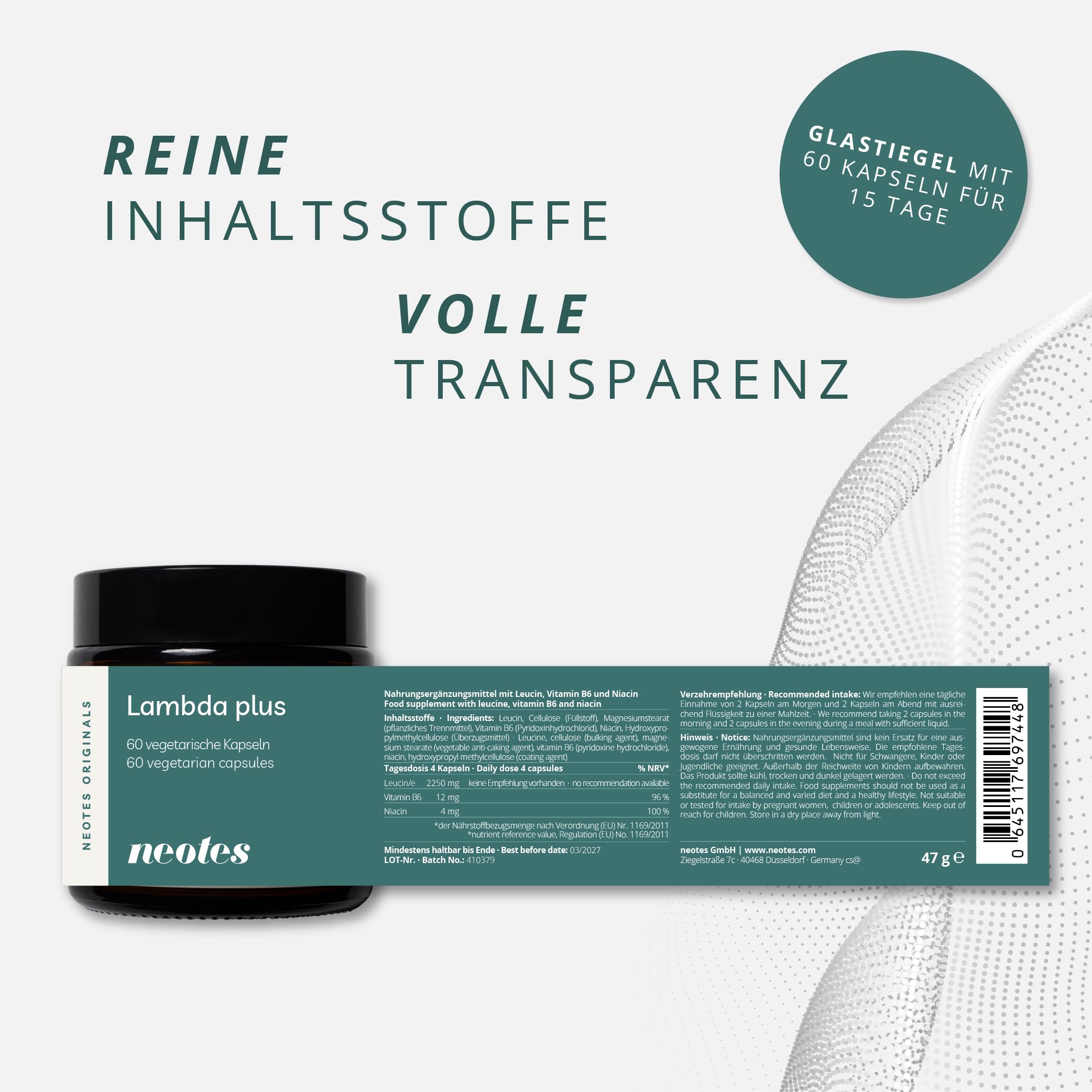 Lambda Plus – 2250mg Leucin + B6 & Niacin – 60 Kapseln für 20 Tage – Hochdosierte Aminosäuren – Verringert Müdigkeit & unterstützt Hormone – Vegan