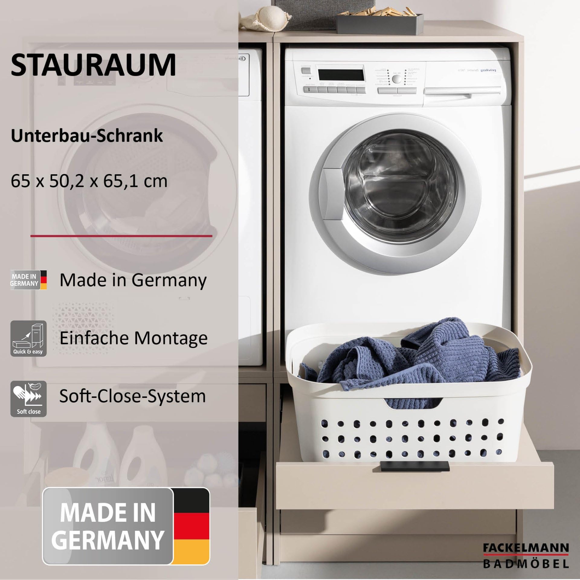 FACKELMANN Unterbau-Schrank – 65 x 50 x 65 cm, Kaschmir, Made in Germany | Hauswirtschaftsschrank mit 2 Schubladen & Softclose, Auszug für Wäschekörbe, kombinierbarer Mehrzweckschrank