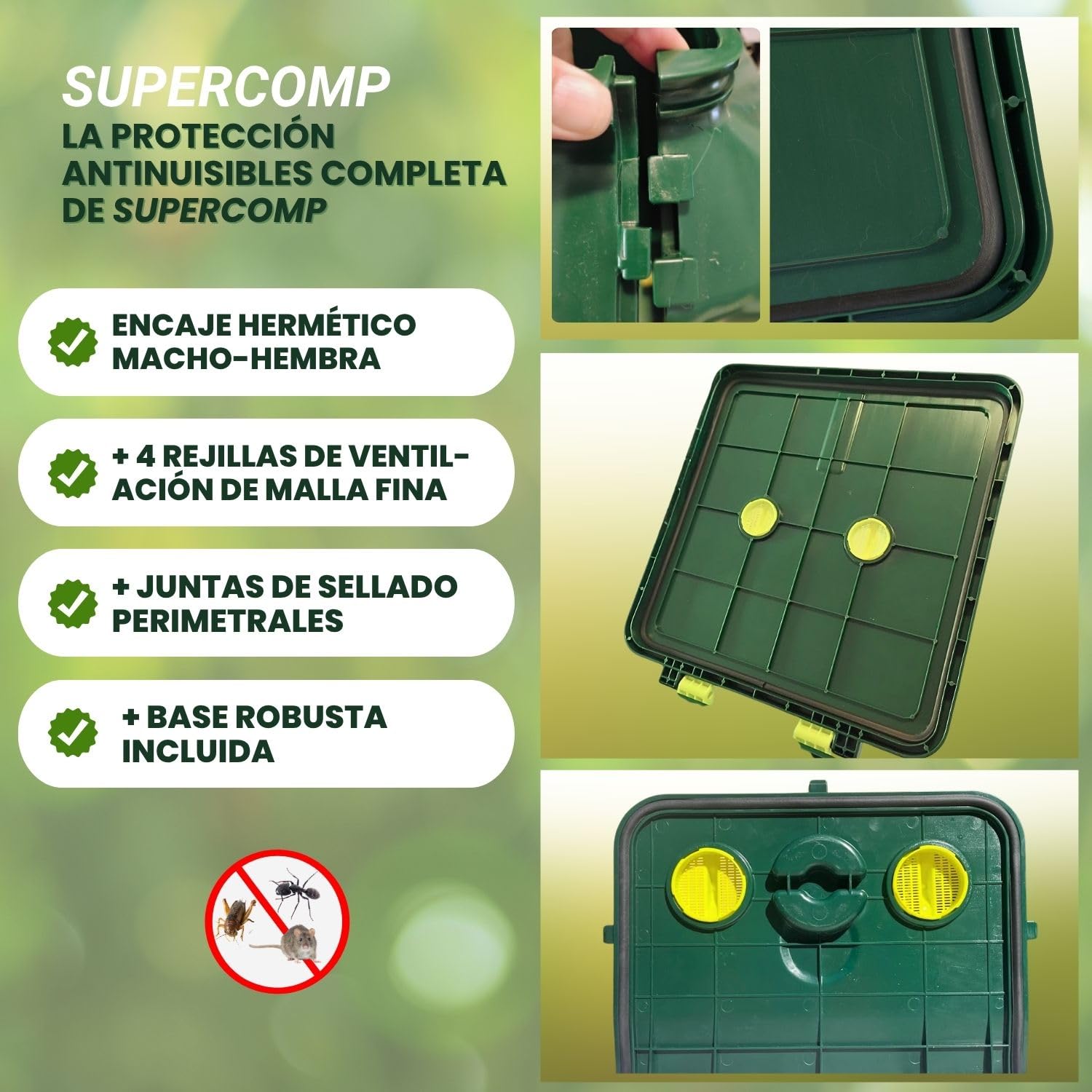 Compostador de Jardín 350L – Protección Total Anti Ratas, Compostaje Sin Malos Olores, Aeración Vertical, Compost Rápido, con Base