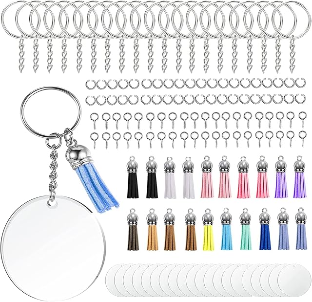 Xinghua 140Pcs Blank Acrylic Keychain with Tassel, Round Clear Acrylic Keychain Jump Rings, 50mm Diameter 3mm Thickness Round Transparent Acrylic, Used to Vinyl Resin Craft Project or Key Rings DIY