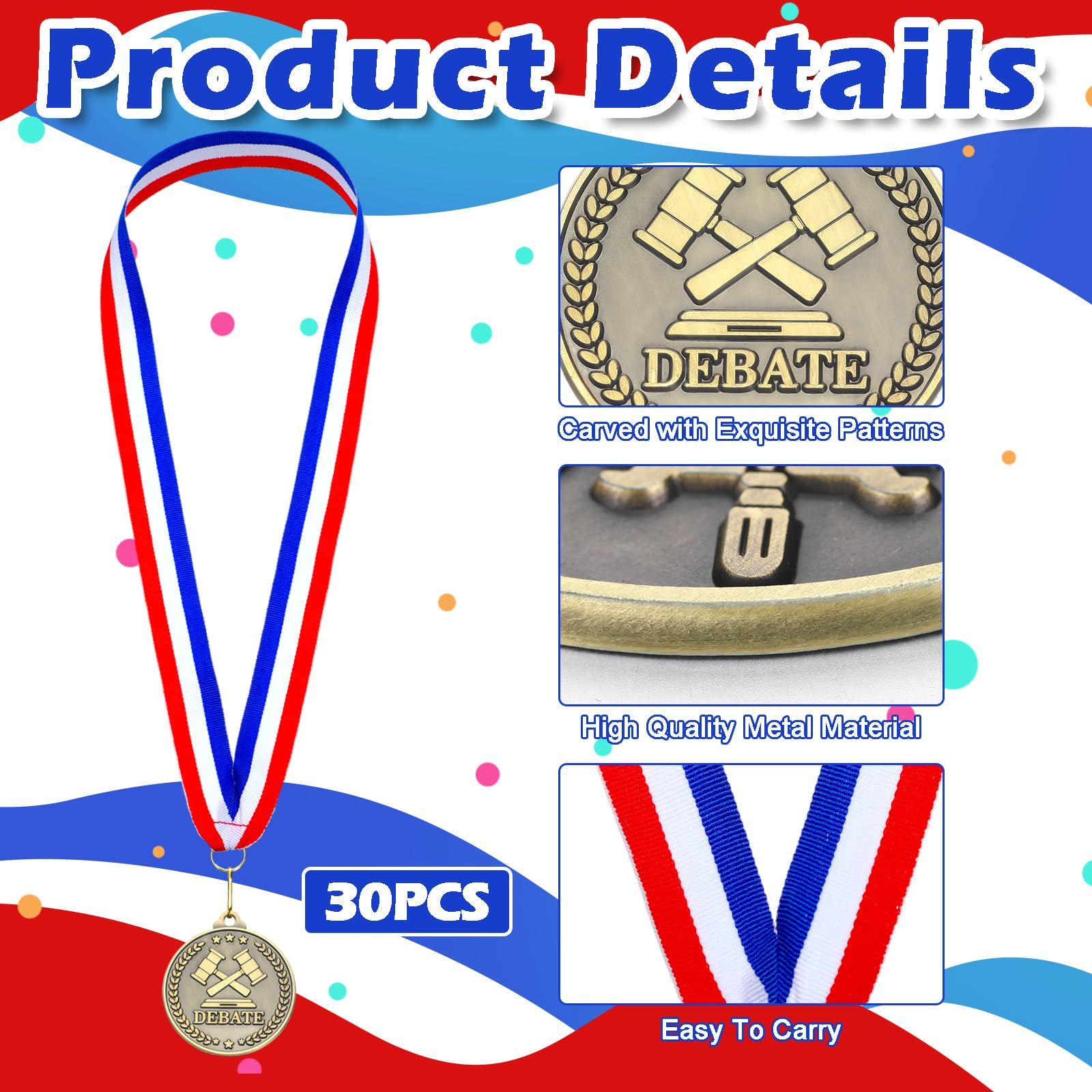Quelay 30 medallas de premio de 2 pulgadas, medallas de oro a granel con cintas para el cuello, trofeo de metal, regalo para torneos, competiciones, fiestas, niños y adultos (debate)