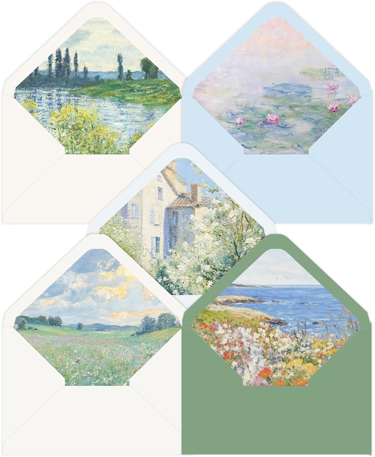 Whaline 30 Pcs Monet Painting Invitation Envelopes Famous Oil Painting Greeting Card Envelope 5 Style Gift Card Sleeves with Stickers for Spring Office Birthday Wedding Baby Shower, 5.3 x 7.3 Inch