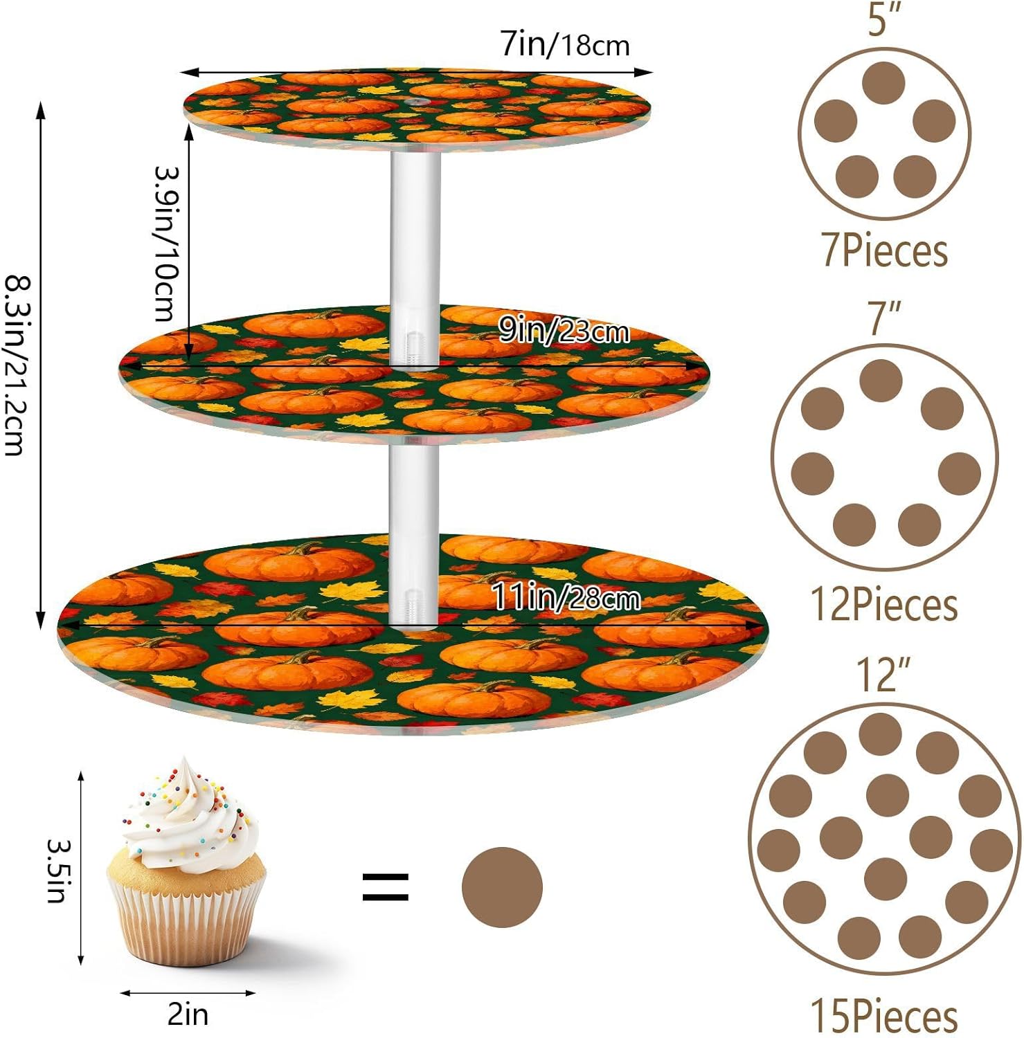 Autumn Fall Pumpkin Maple Leaves Thanksgiving 3 Tier Acrylic Cupcake Stand, Cupcake Stand for 34 Cupcakes for Weddings,Christmas,Holidays,Parties,Birthday,Printed Cupcake Tower 23302031