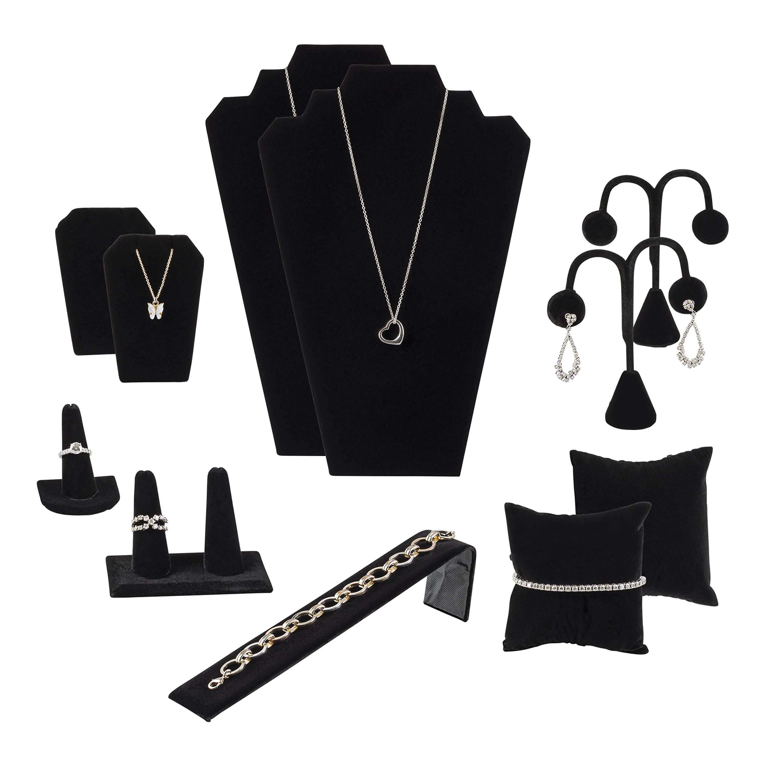 Novel Box Black Velvet 11 Pieces Jewelry Display Set for Necklaces, Bracelets, Rings, Earrings, Pendants & Watches - Jewelry Displays Set Organizer for Selling or Personal Use