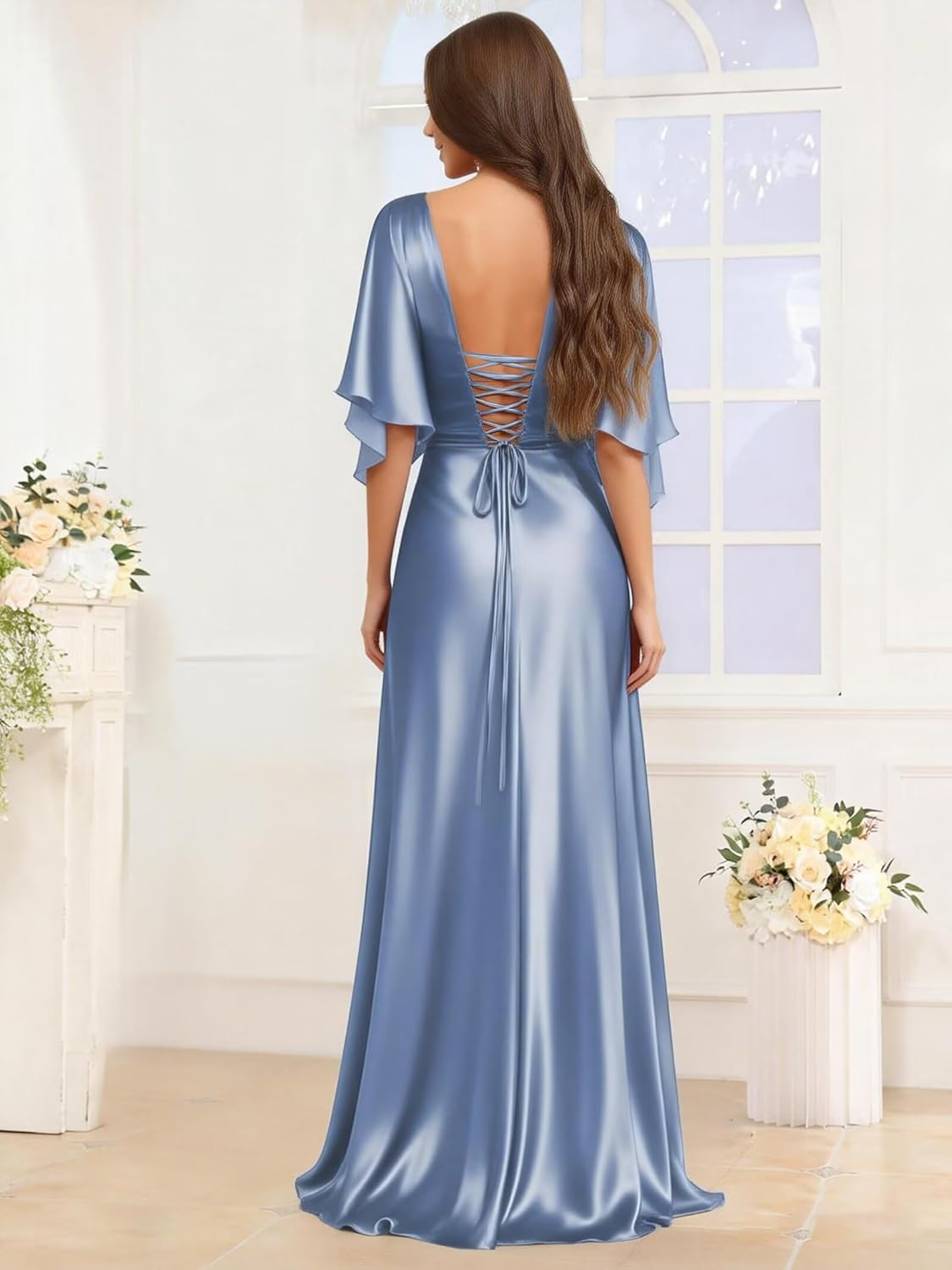 Ruffle Sleeve Bridesmaid Dresses Long for Women Satin Pleated A Line Formal Wedding Guest Dress