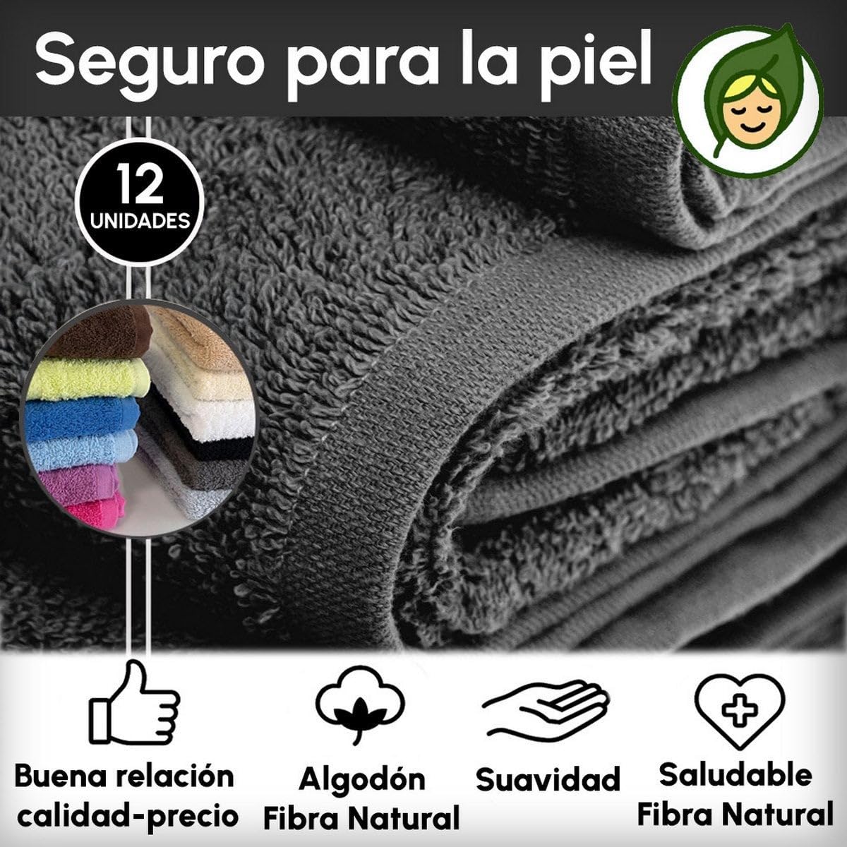 Juego de 12 Toallas Mano Gris Oscuro 100% algodón Rizo de 100x50 cm | Tejido suave de gran gramaje con alta absorción. Aptas para lavadora, de uso diario.