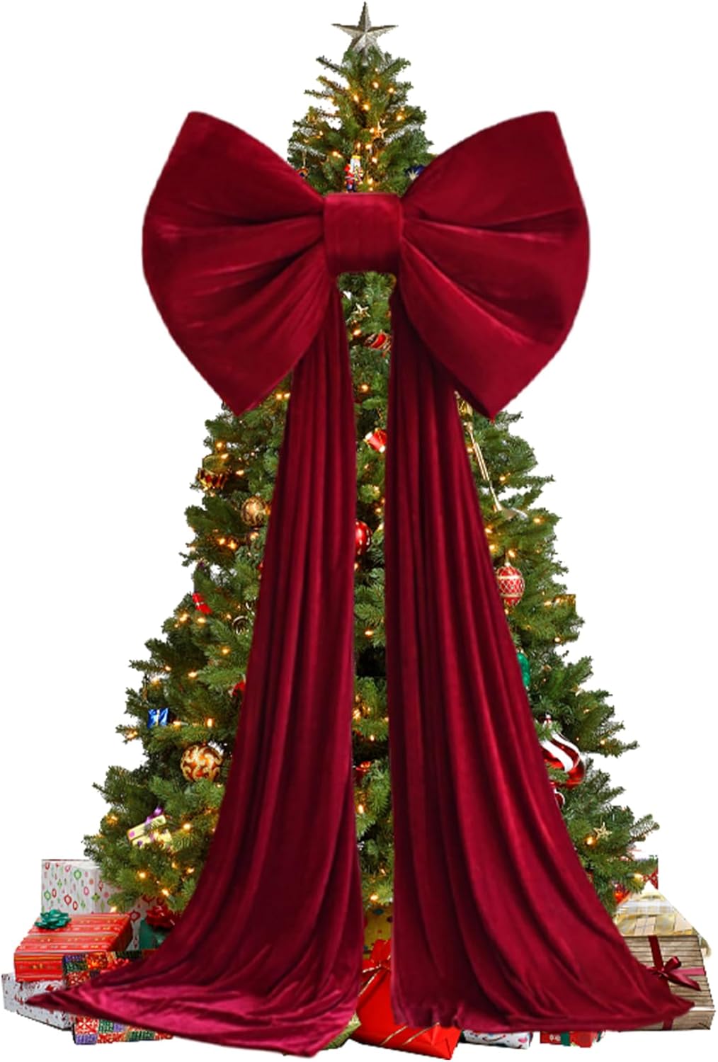 Christmas Tree Topper Bow, Extra Large Red Velvet Bows with Long Tail for Home Christmas Tree Toppers Wall Room Party Holiday Decor Supplies Topper Bow, Velvet Bows for Christma