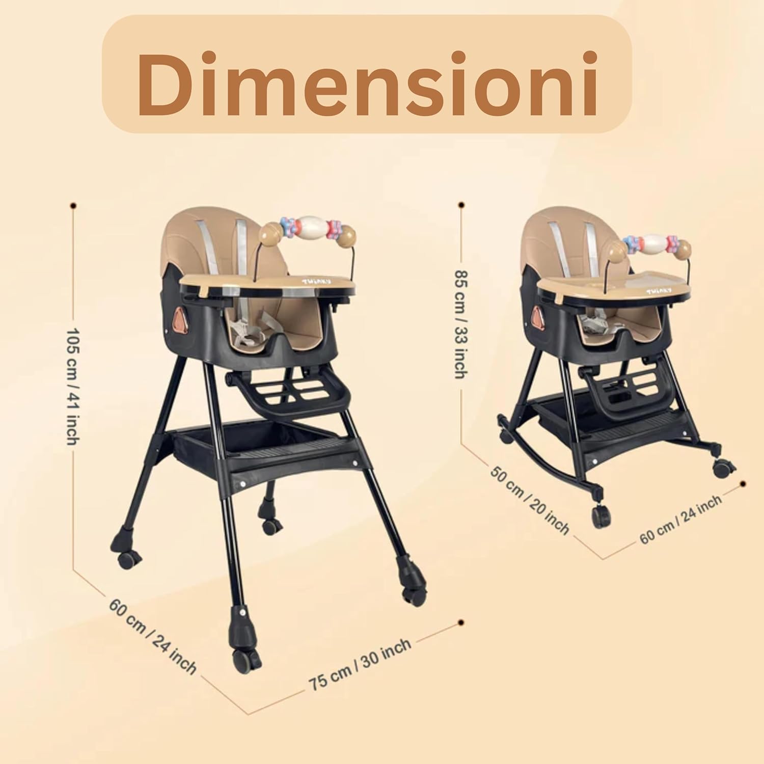Diagram showing the dimensions of the Twinky high chair in both high and low configurations.