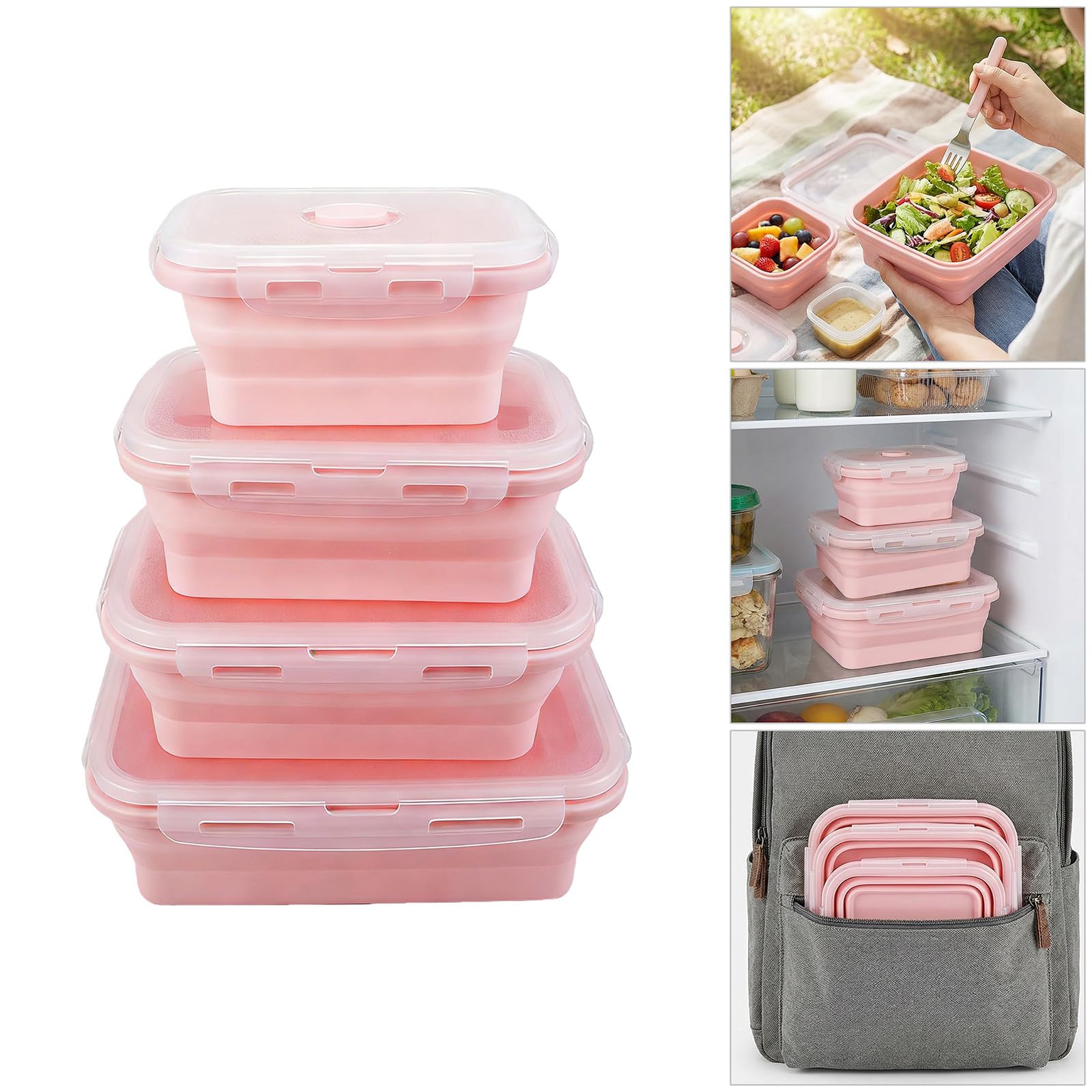 Set contenitori per pranzo pieghevoli in silicone dimensioni multiple, sigillati, freschi, materiali robusti, perfetti per l ' uso quotidiano, viaggi, contenitori per la preparazione dei pasti