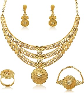 indian Women Jewelry Necklace Set african Dubai Bride Wedding Prom Fashion Jewelry 24K Gold Plated Necklace Bangles Rings Earrings