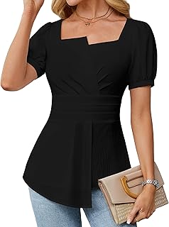 Women's Dressy Casual Blouses Business Casual Tops 2025 Summer Short Sleeve Work Shirt Smocked Back