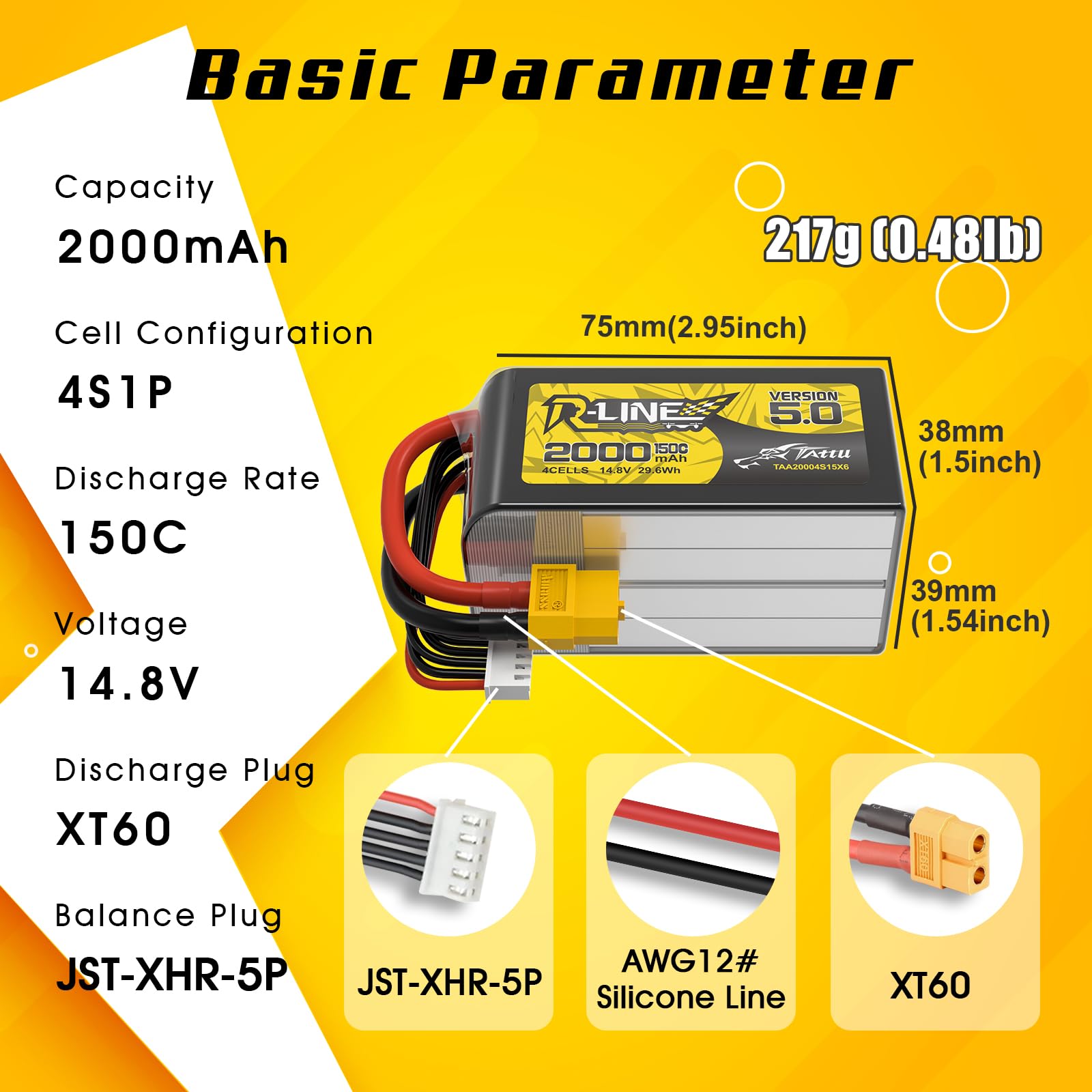 Tattu 4S LiPo Akku 2000mAh R-Line V5.0 14.8V 150C XT60 FPV Racing Car