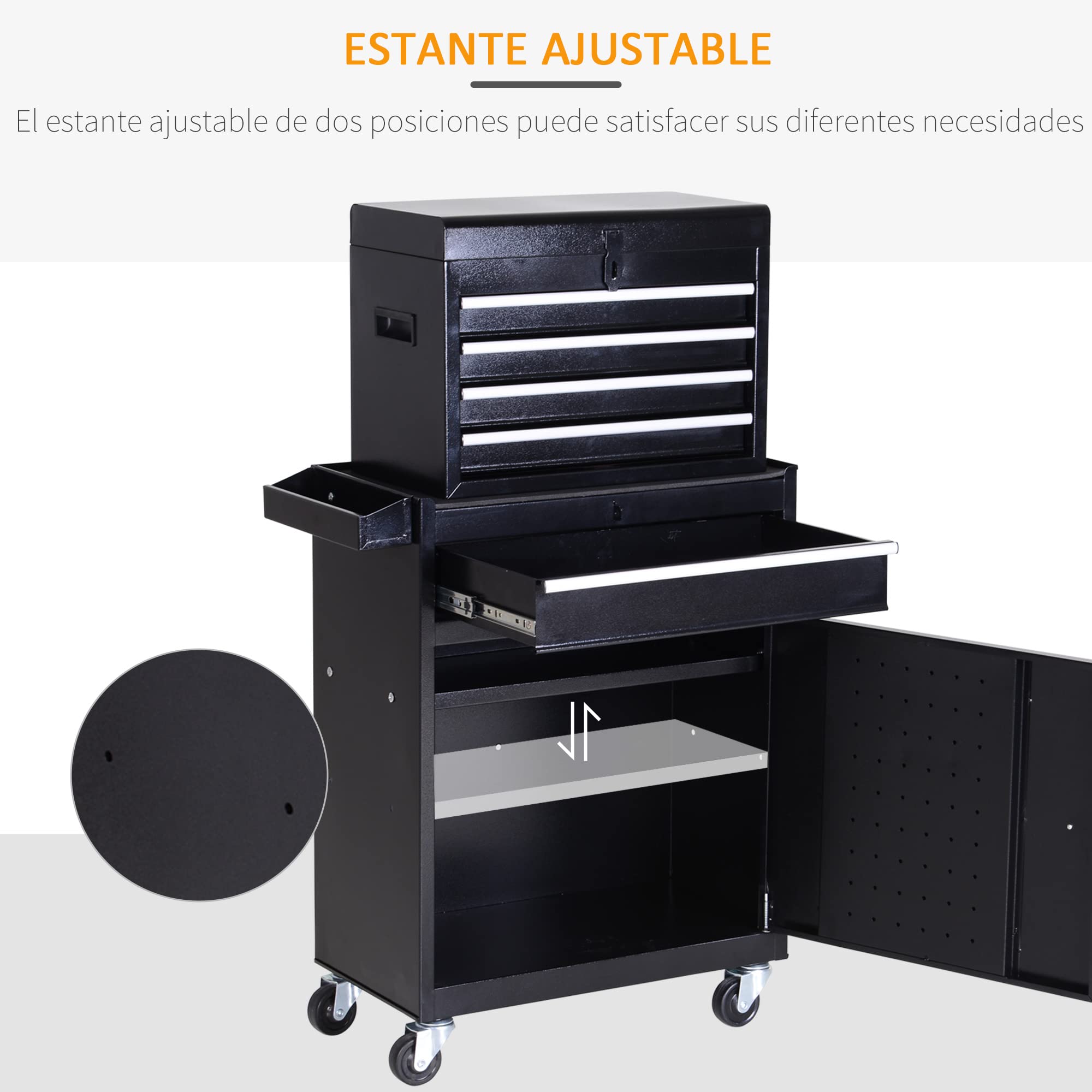 DURHAND Carro de Herramientas con Ruedas Taller Móvil con 5 Cajones Armario de Almacenaje y Alfombra Antideslizante Carga 52 kg para Garaje 60x28x104,5 cm Negro