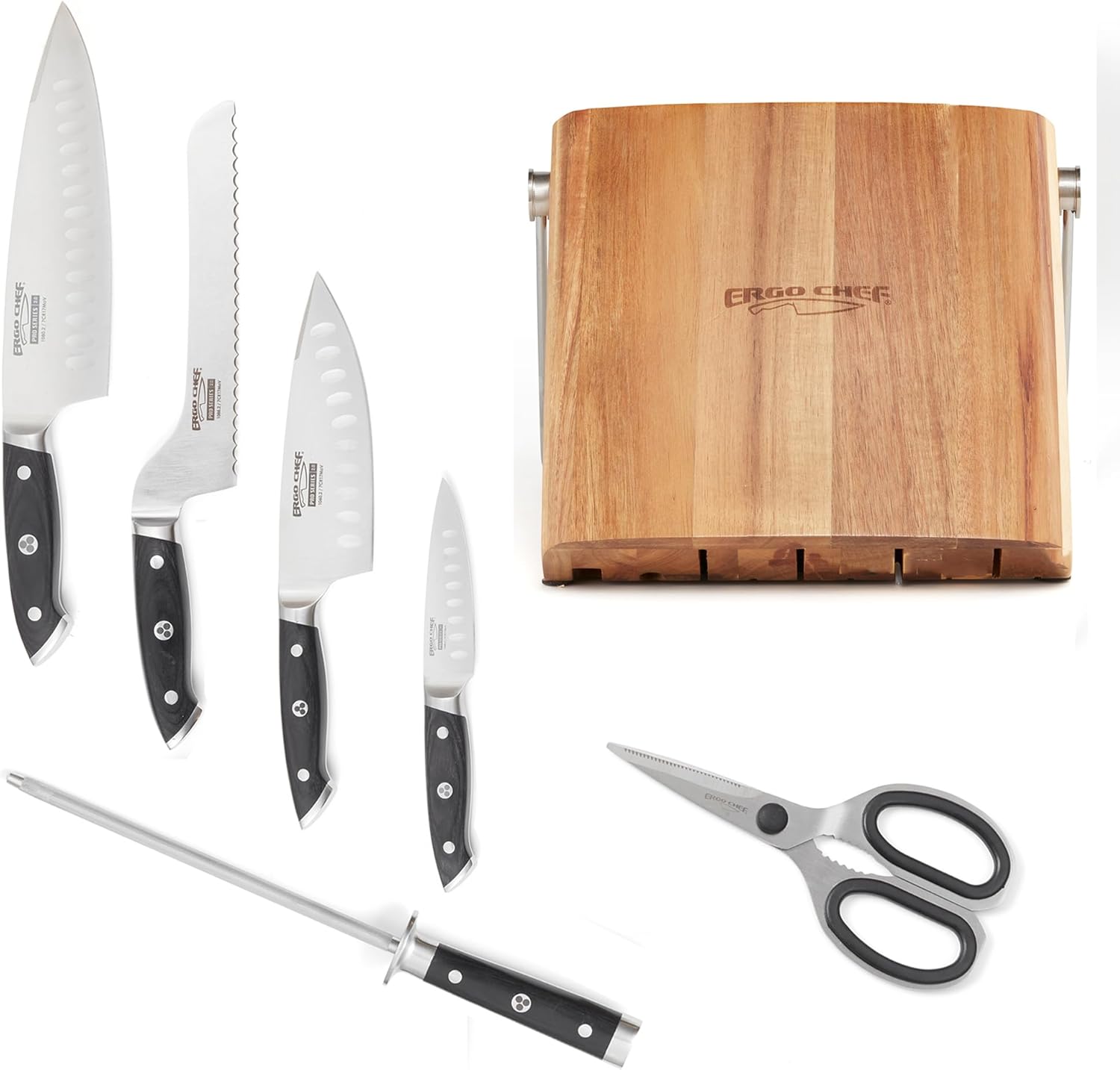 Ergo Chef 7pc. Pro Series 2.0 Knife Block Set - Forged High Carbon Cr17MoV Stainless Steel – Ergonomic Black Pakkawood Handles – Acacia Wood Block