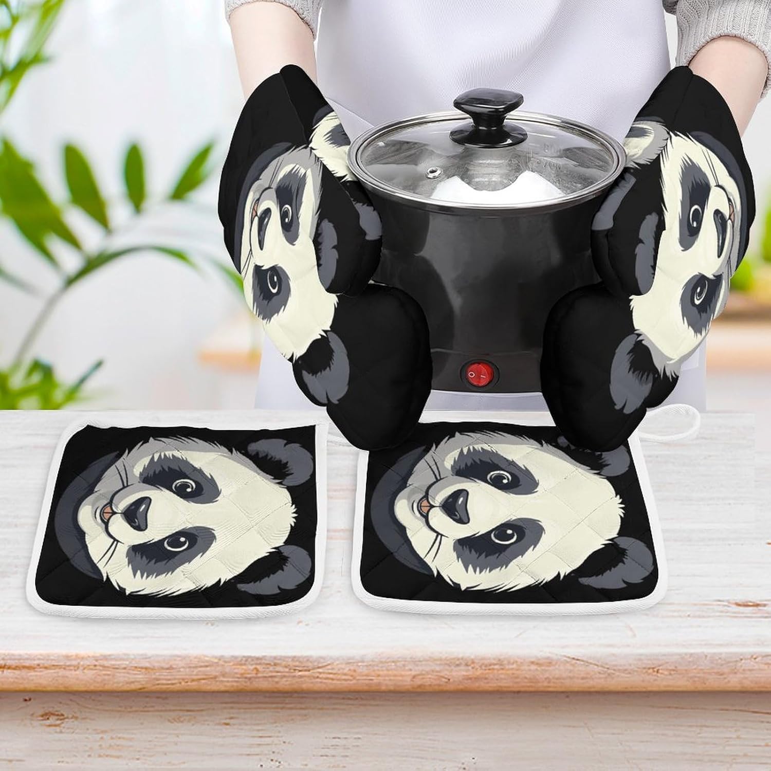 Chinese Panda Head 4 Pcs Oven Mitts and Pot Holders Set High Heat Resistant Long Kitchen Oven Glove Potholders