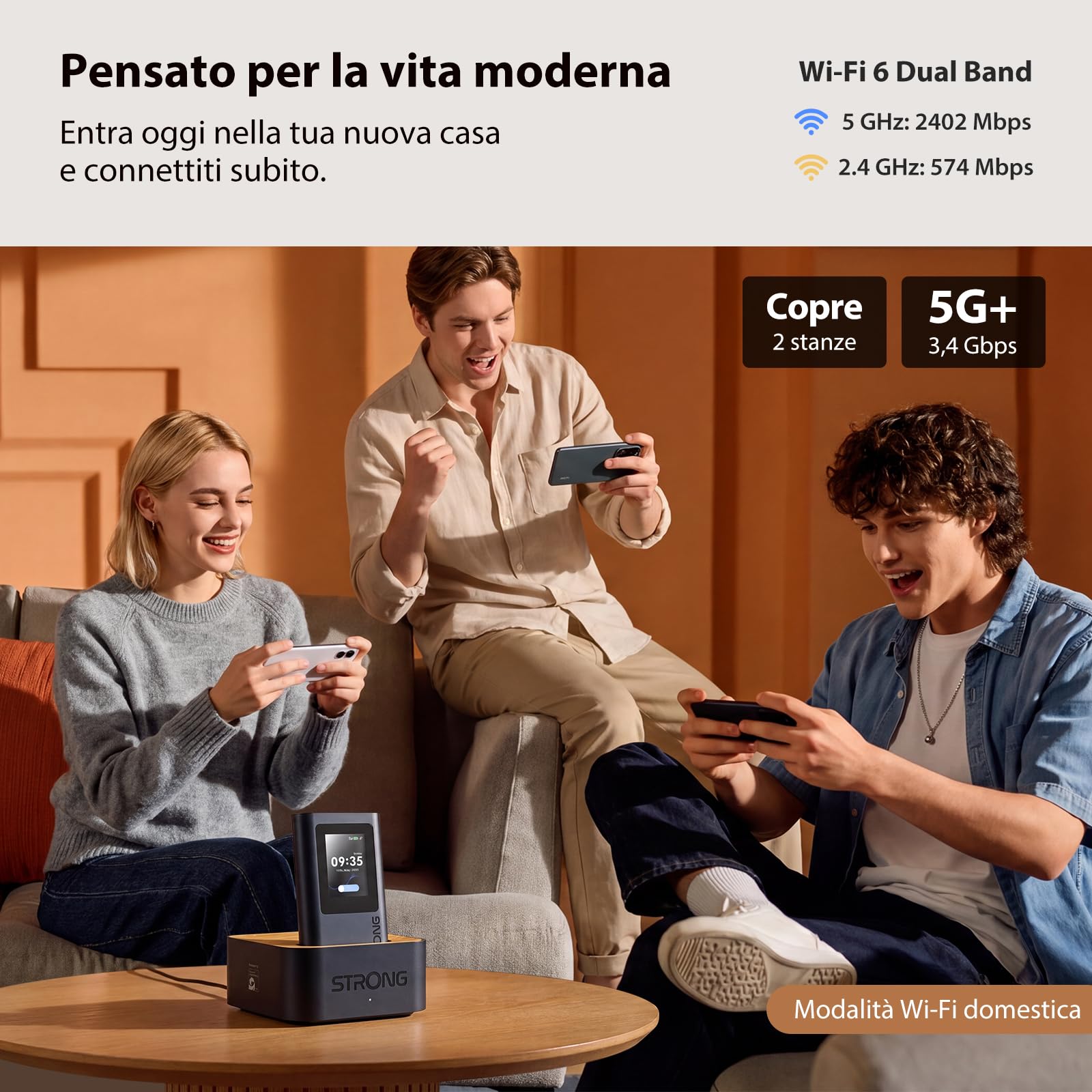 STRONG 5G+ HOPI Router 5G Portatile Senza SIM Fisica, WiFi 6 AX3000 Dock