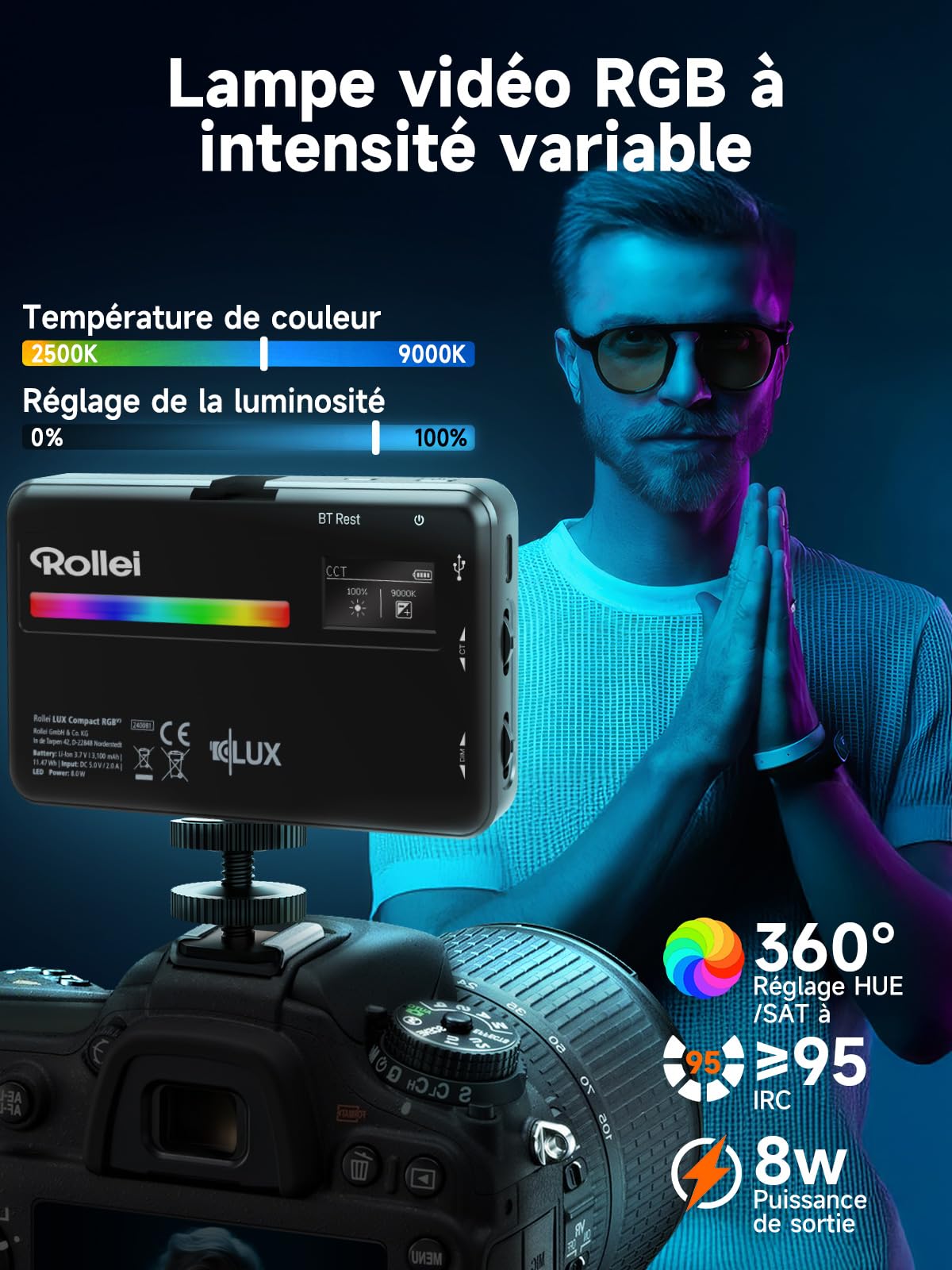 Lumière Photo, Rollei Lumis Compact RGB Panneau Eclairage Video LED Portable 125g 98 CRI/TLCI avec 13 Effets et Batterie Rechargeable d'Appareil Photo, Lumiere-Photo-Lampe-LED-Video