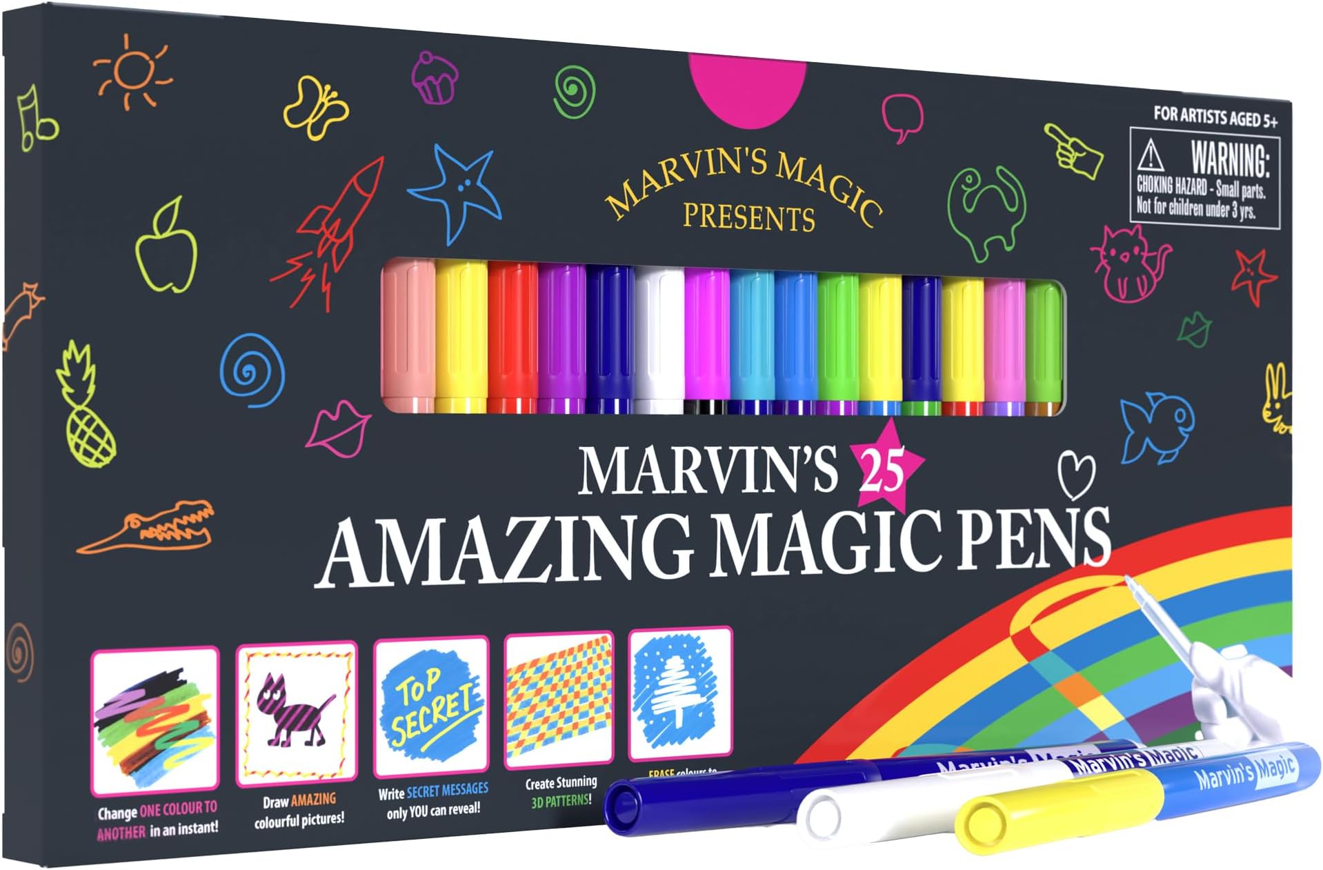 Marvin's Magic 25 Amazing Magic Pens for Kids - Colour Changing Felt Tip Markers with Erasable Tips - Mess Free Arts and Crafts Kit - 3D Lettering and Secret Messages - Drawing Set Ages 5+