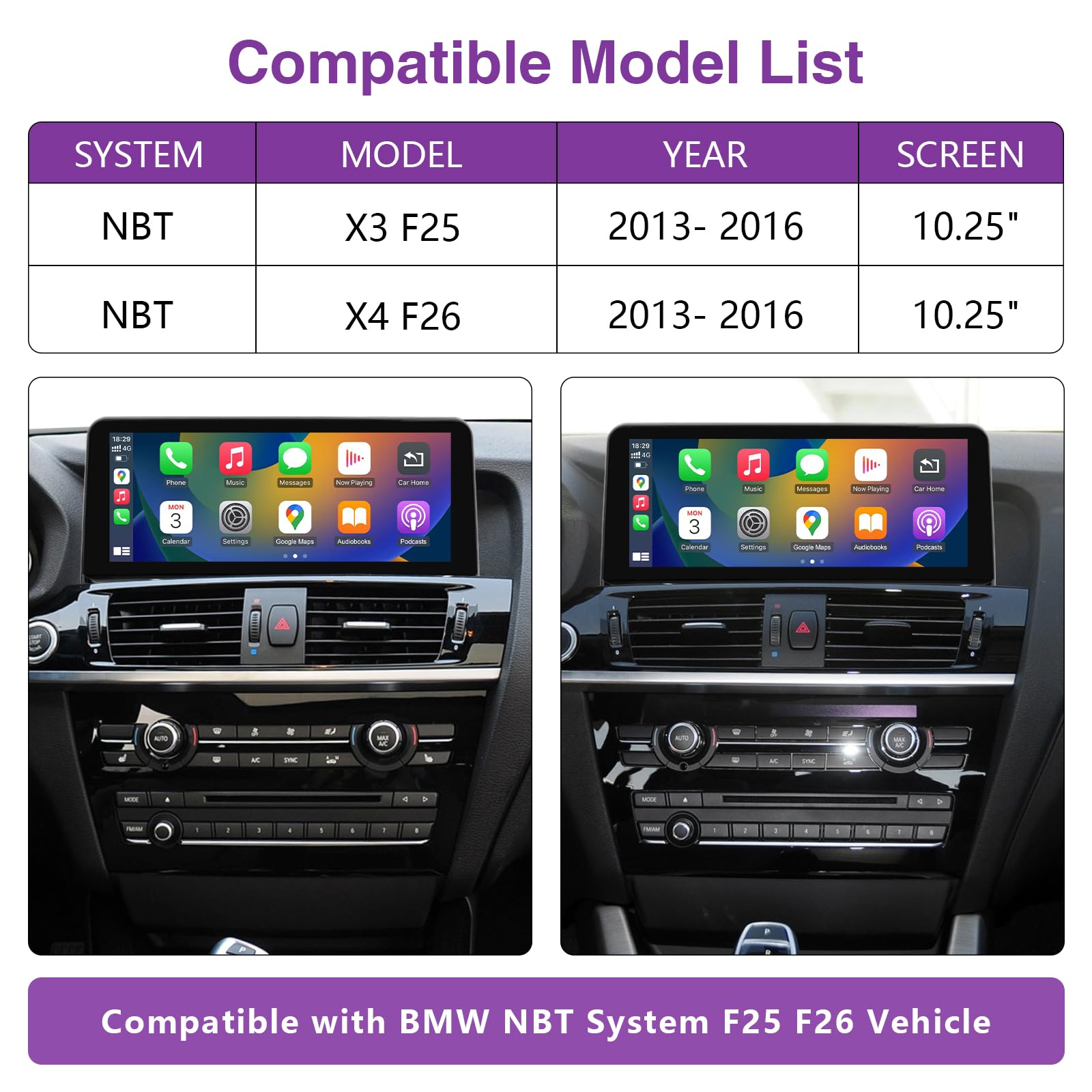 NINETOM 10.25 inch Touchscreen Wireless CarPlay Android Auto Multimedia Car Radio Receiver Compatible with BMW X3 X4 Series with NBT System, F25 / F26 (2013-2016)