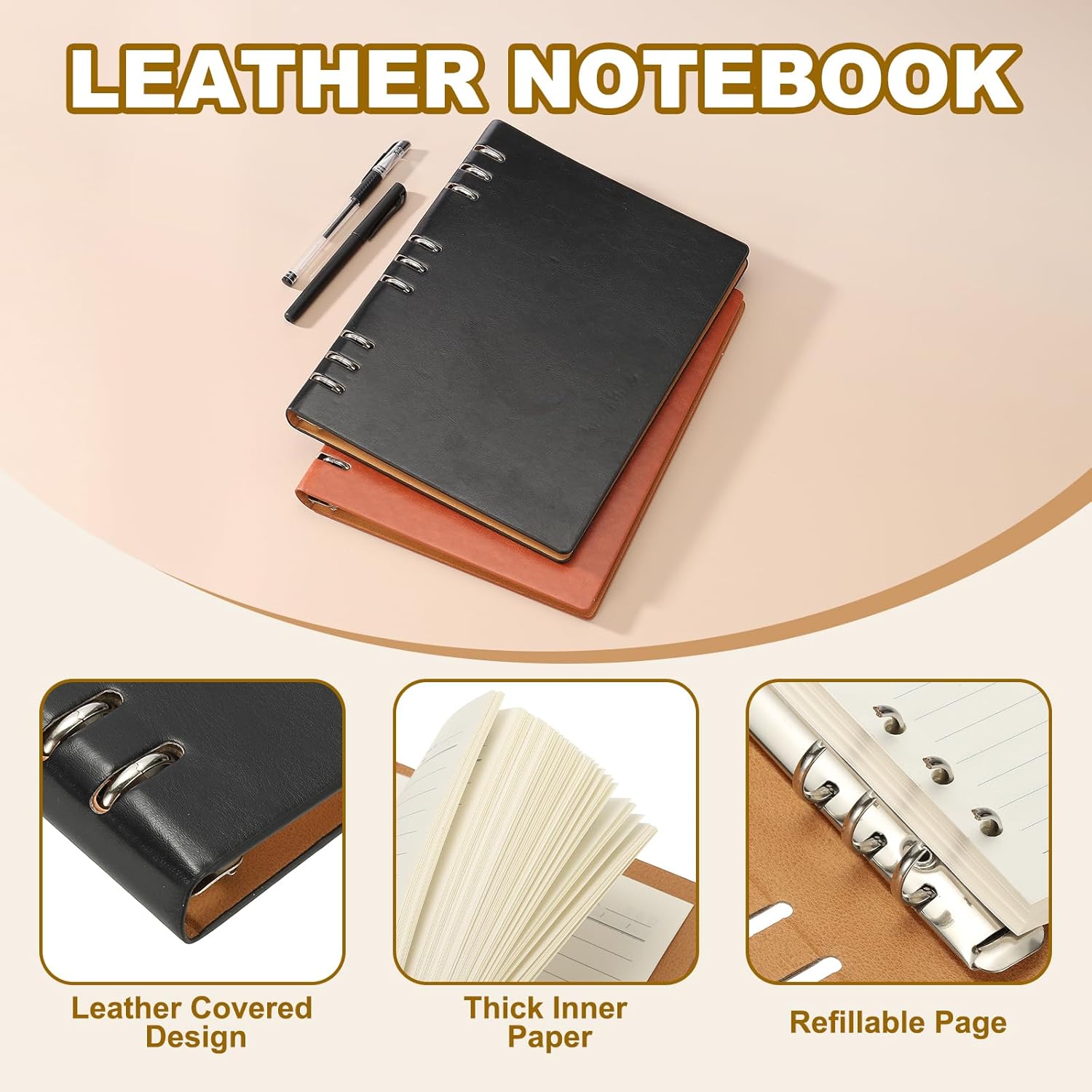 PATIKIL B5 Refillable Leather Notebook, 2Pcs 9 Ring Hardcover Binder Notebook 96 Sheets for Business Office Study Writing Journal Personal Planner, Black