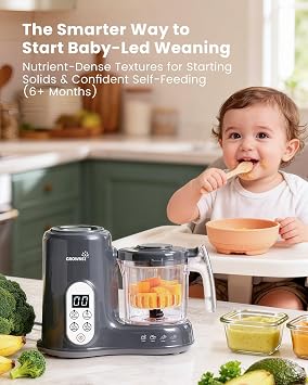 Grownsy Baby Food Maker, Steamer & Blender Baby Food Processor, Dark Grey | BPA-Free Elevated Steam Basket, Healthy Homemade Baby Food Purees, Starting Solids & BLW, Baby Feeding Essentials, 6+ Months