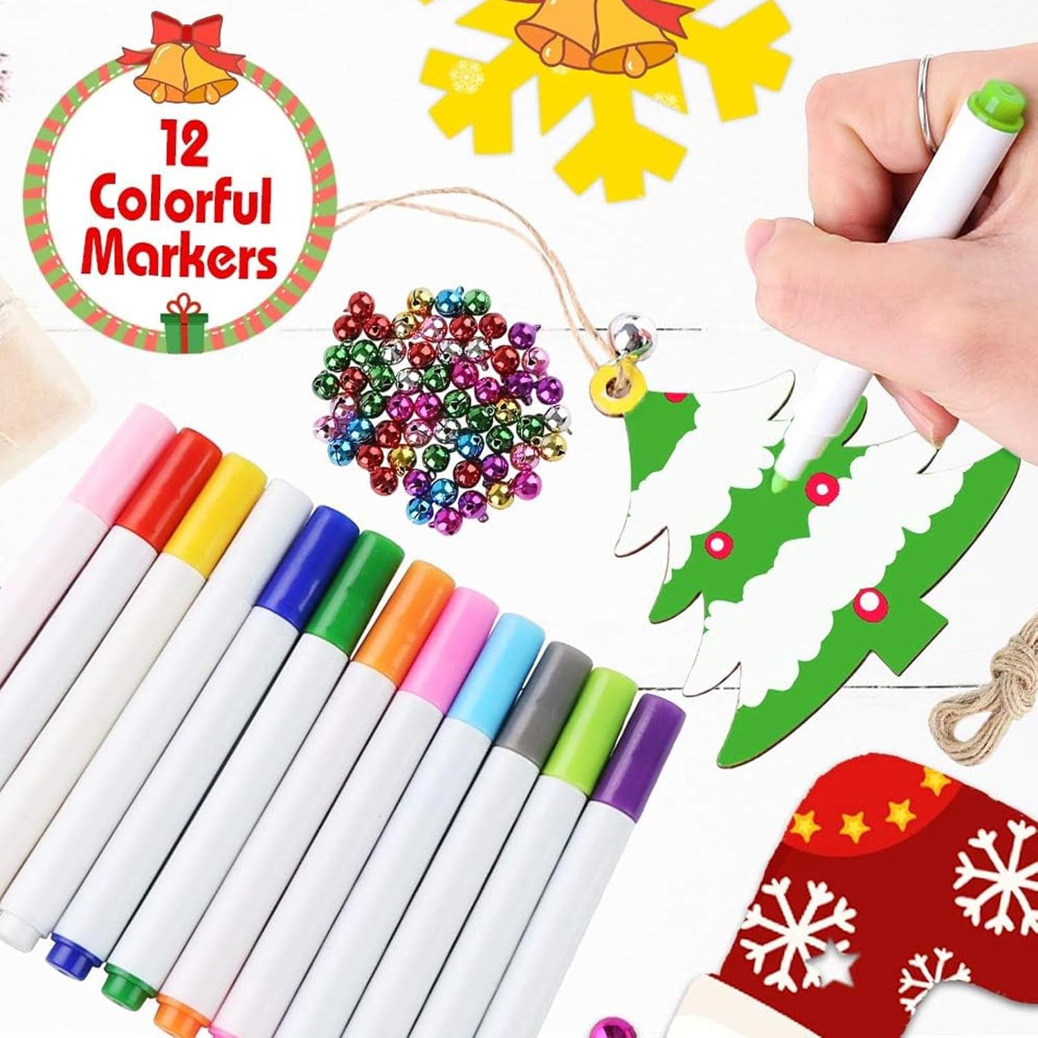3 otters 100PCS Wooden Christmas Ornaments Set, Christmas Crafts for Kids Adults, with Pre-drilled Hole and Ropes, 100 Bells and 12 Colored Pens, Unfinished Wood Crafts for DIY Xmas Tree Decorations