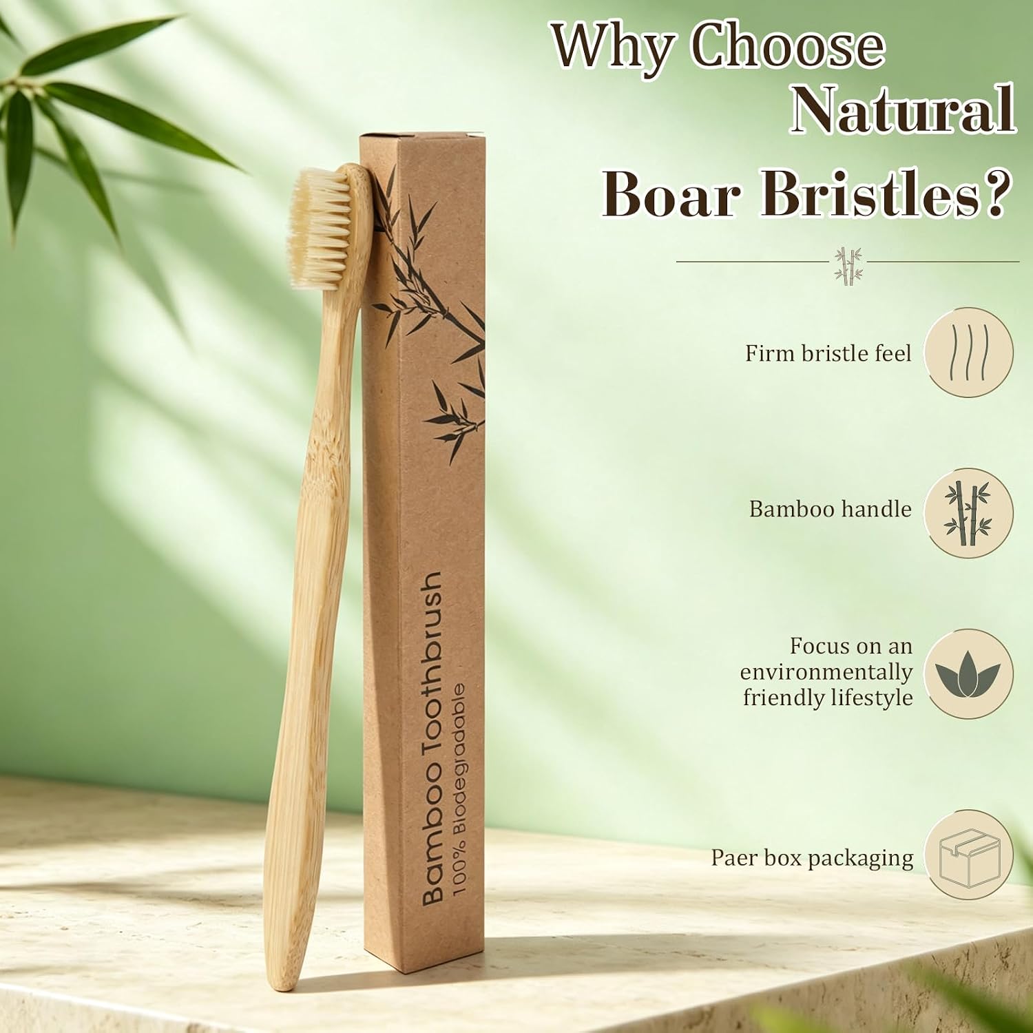 12Pcs Boar Bristle Bamboo Toothbrush Compostable Plastic Free