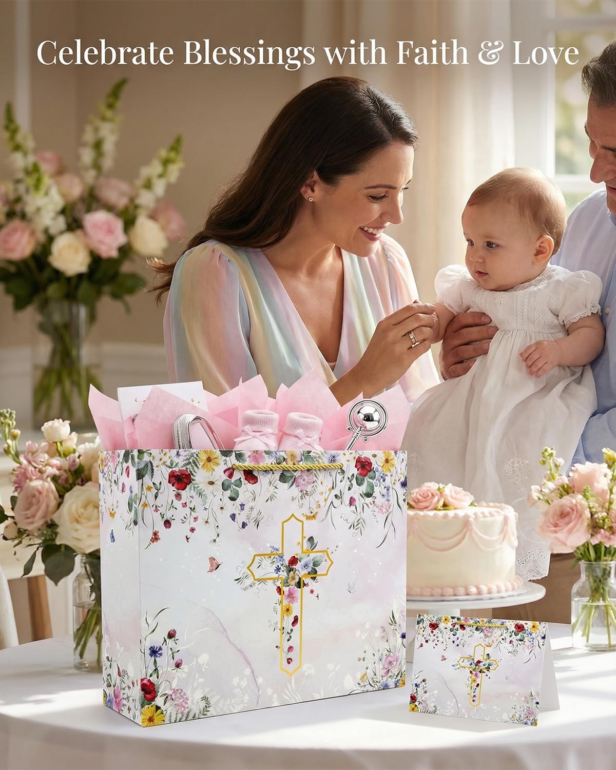 GFInYHM 13" Wildfloral Gold Cross Gift Bag Set with Greeting Card and Tissue Papers for First Communions, Baby Boy Girl Baptisms, Christenings, Wedding, Religious Occasions